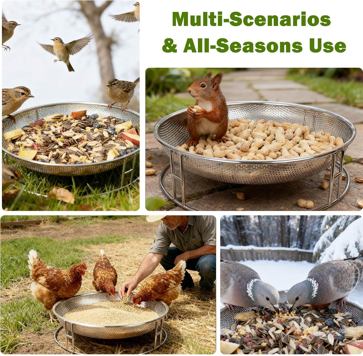 13-Inch Ground Bird Feeder, Stainless Steel Ground Feeding Platform for Wild Birds, Squirrels, Rabbits, Chicken with Additional Birdseed Feeder Tray, Attract Creatures for Backyard, Patio - Image 6