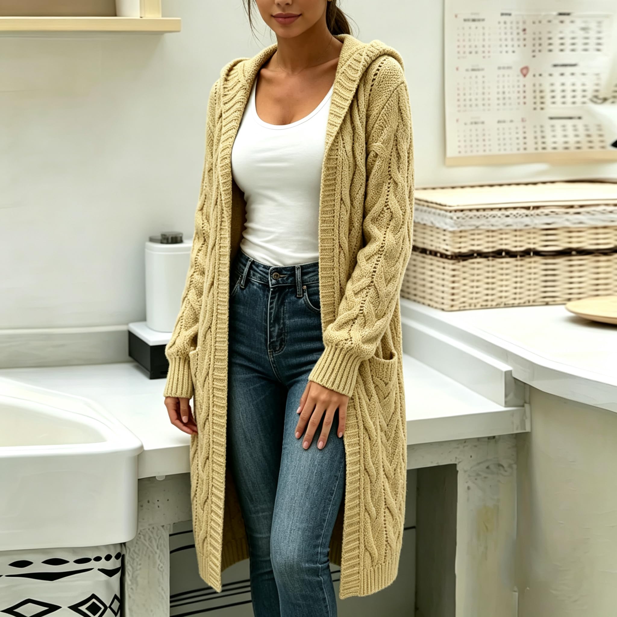 Gilet Long À Capuche pour Femme avec Poches en Grosse Maille Manches Longues Élégant Idéal pour L'Automne et l'hiver Veste Décontractée pour Tous Les Jours Jaune Taille 5XL