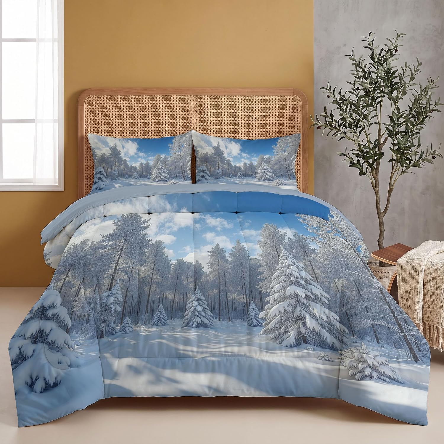 3 Piece Quilts Queen Size Bedding Set, Light Blue Lightweight Bedspread, Soft Microfiber, Snowy Forest Pattern for All Season Bed Coverlet with 2 Pillow Shams, 90"X90"