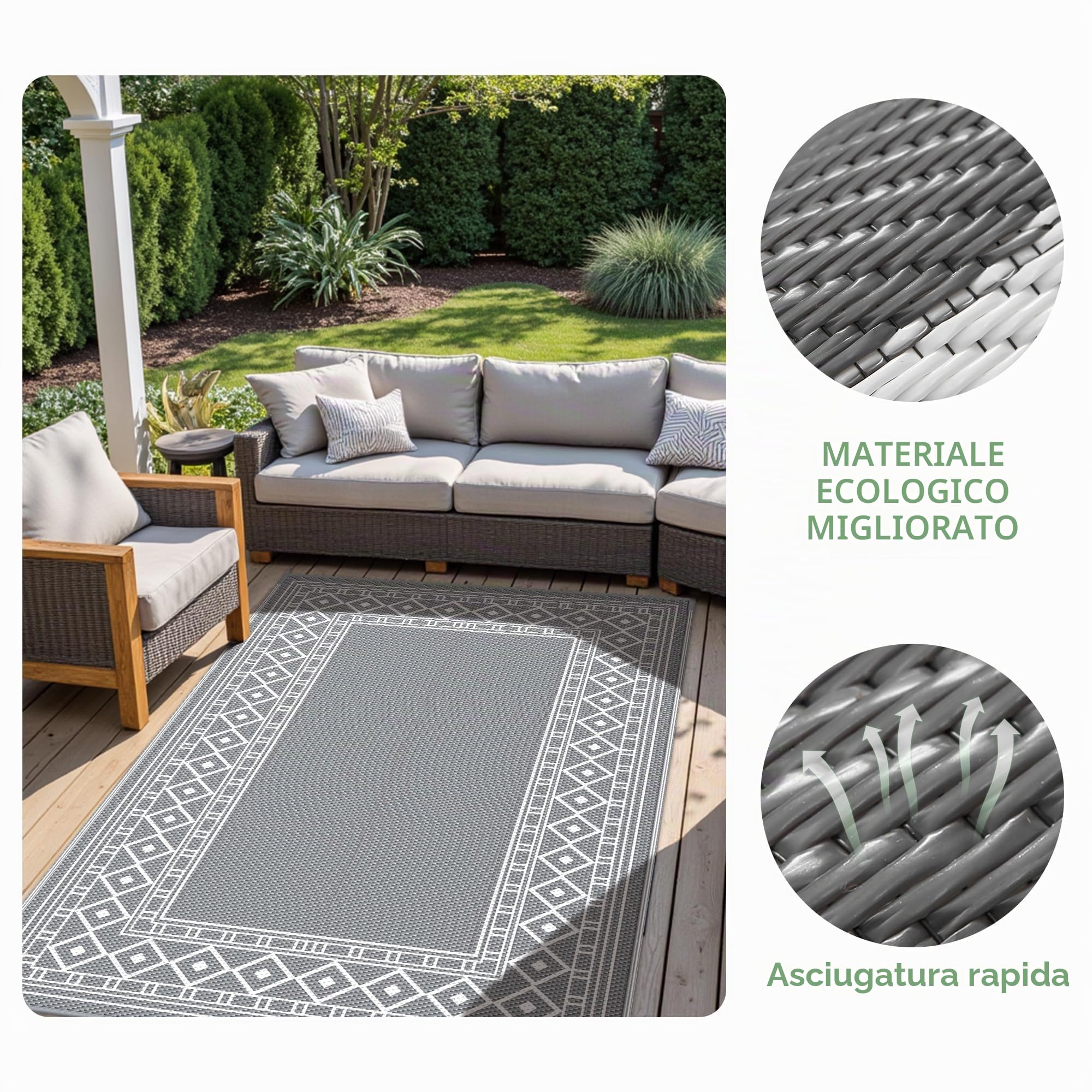 GENIMO Tappeto da Esterno 150x240 cm in Plastica Impermeabile Lavabile Reversibile, Vintage Grigio/Bianco per Terrazza Giardino Camper Picnic Balcone