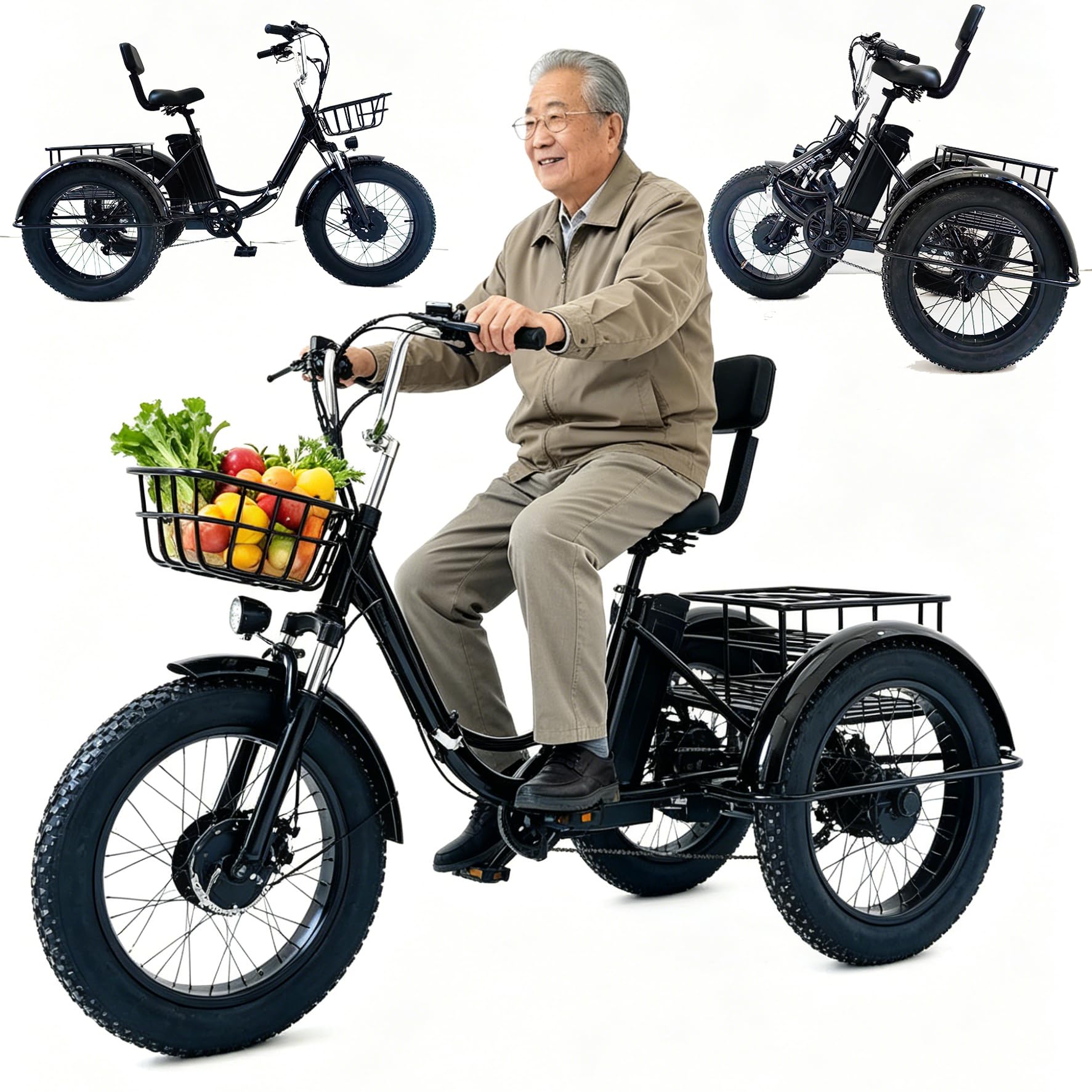 WhFKLca Electric Tricycle for Adult 20-inch Folding 7-Speed Adult 3 Wheels Electric Bike with Large Capacity Basket, LCD-Display, 48V 13Ah Lithium Battery, Range 45KM,Perfect for Shopping/Commuting