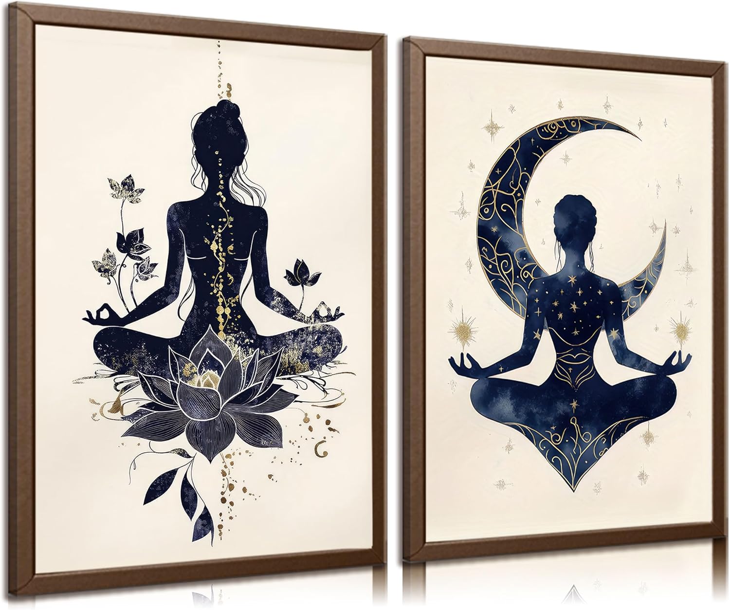 2Pcs Celestial Yoga Lotus Moon Canvas Wall Art Zen Meditation Reiki Starry Wall Decor Pictures Modern Boho Spiritual Art Style Suitable Posters Prints for Yoga Meditation Room Bedroom Home Decoration
