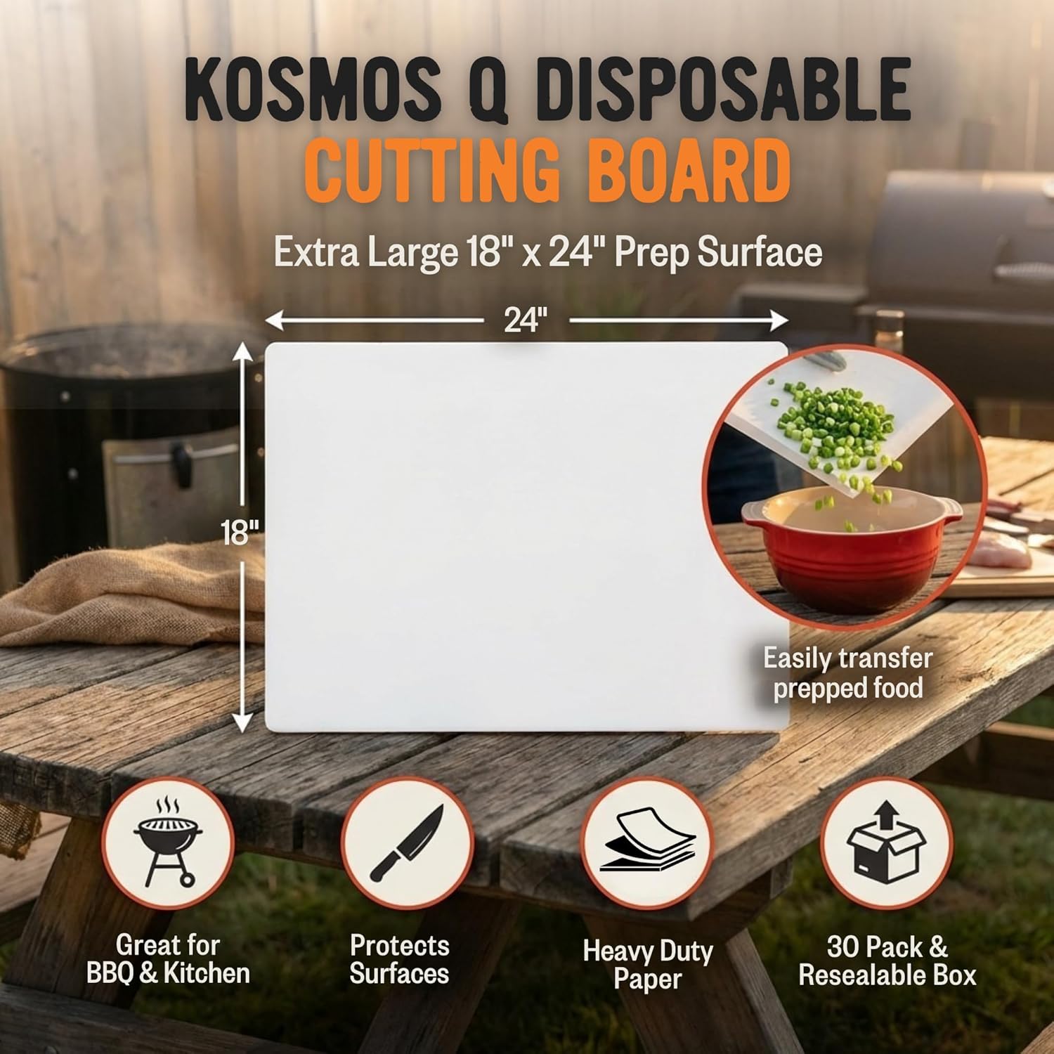 Kosmos Q Disposable Cutting Boards, Flexible Folding Paper Cutting Mats, Non Slip Surface For Chopping Meat, Chicken, Fish & Veggies, Moisture Resistant & Easy Cleanup, Kitchen Use, 18"x24", 30 Count