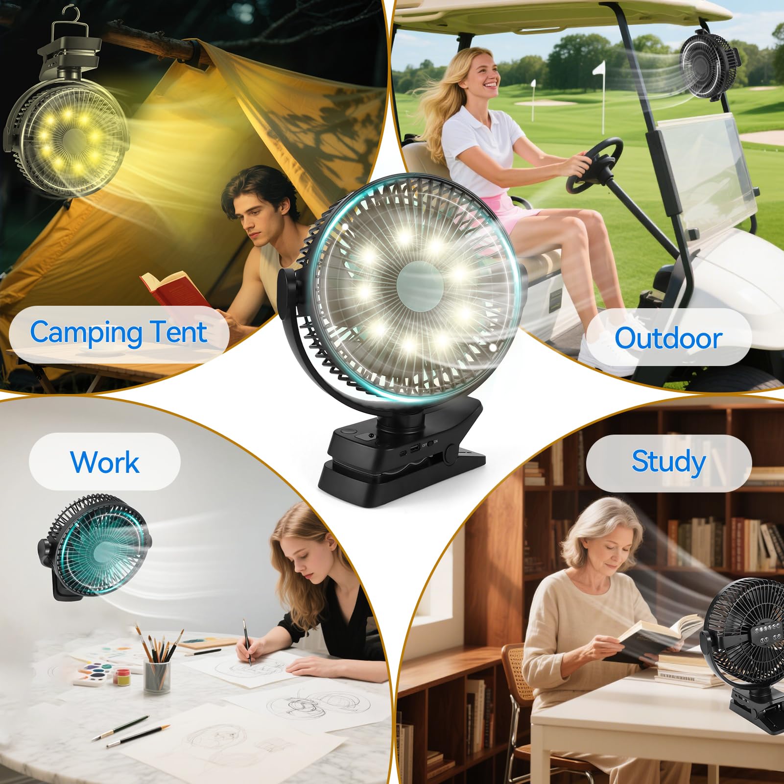Ventilatore Portatile con Clip, 12000mAh Mini Ventilatore USB | Ventilatore Portatile Silenzioso a 5 Velocità con Telecomando, Timer e Luci LED, Ventilatore da Tavolo con Rotazione di 360°