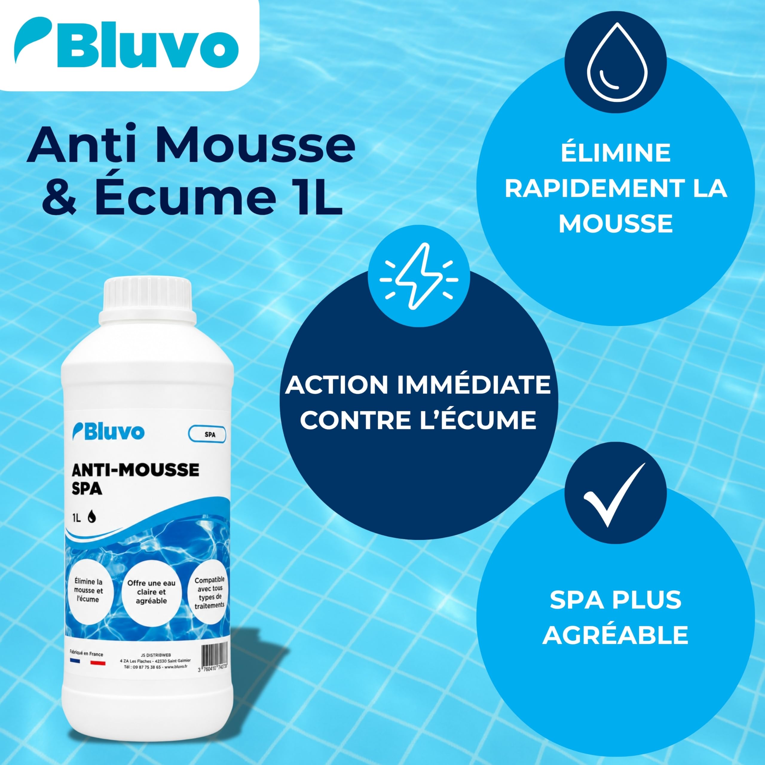 Bluvo Anti Mousse et Écume pour Spa – Élimination Rapide | Produit d’Entretien 1L | Fabriqué en France