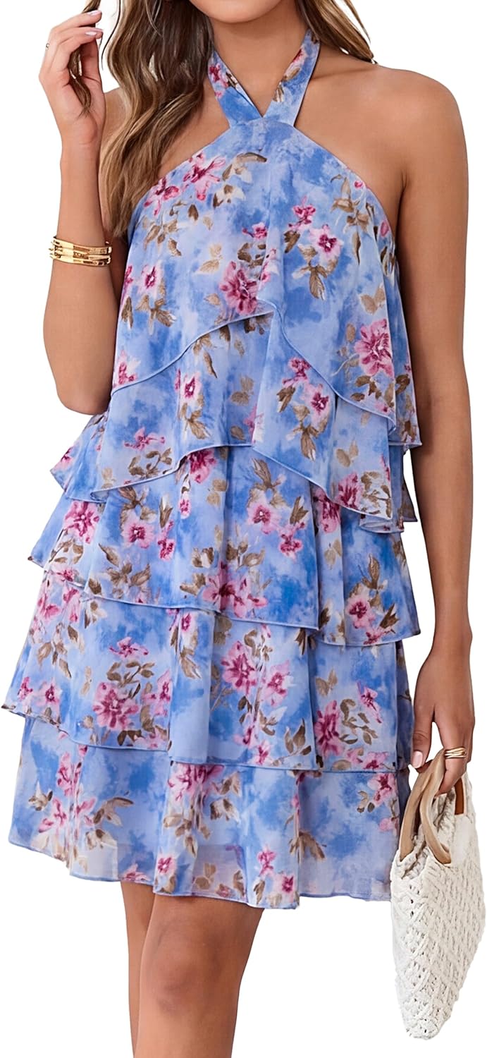 Simplee Womens Summer Floral Mini Dress Casual Sleeveless Halter Ruffle Tiered Chiffon Boho Beach Vacation Short Dresses