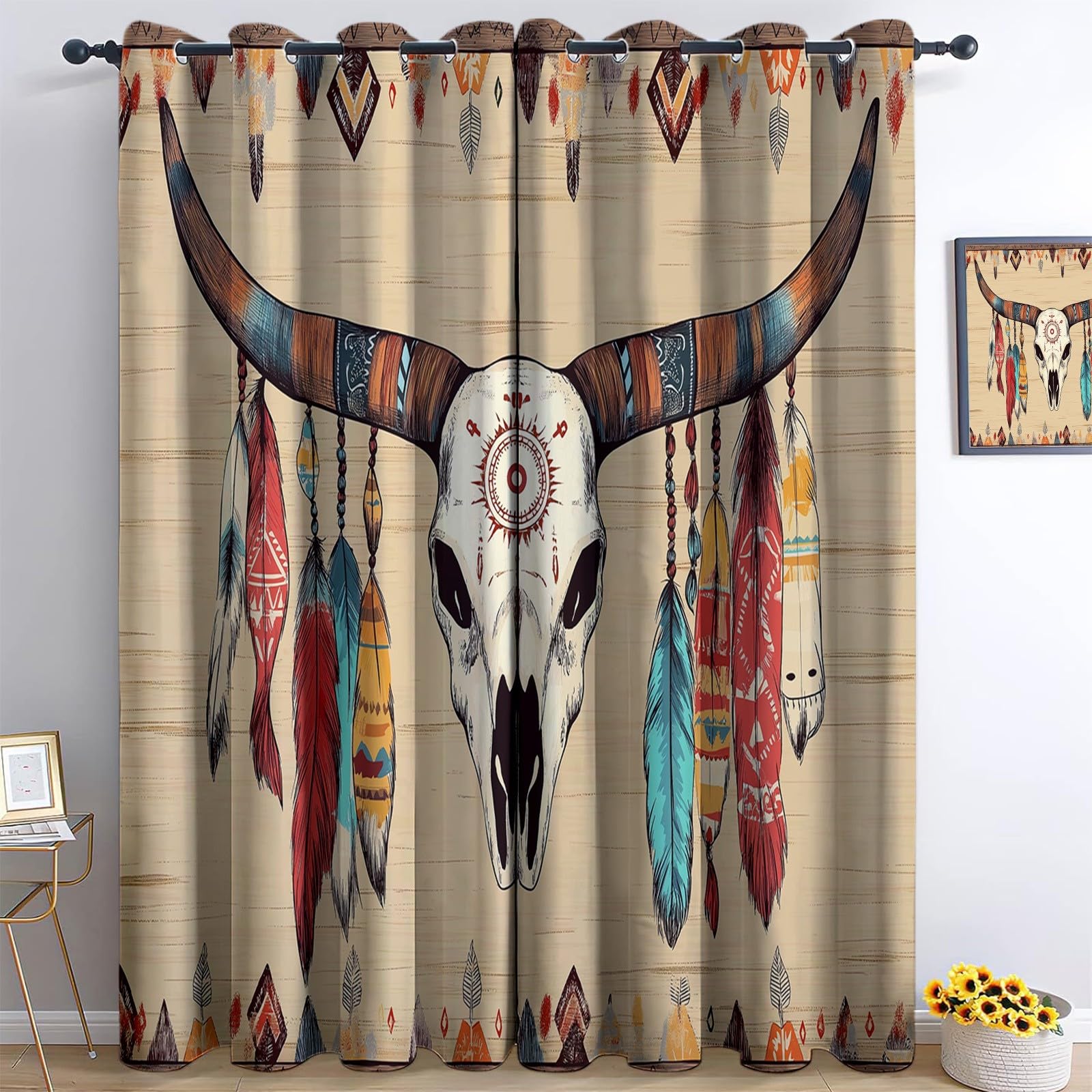 Rideaux occultants crâne de taureau bohème thermiques L140 x H225 cm