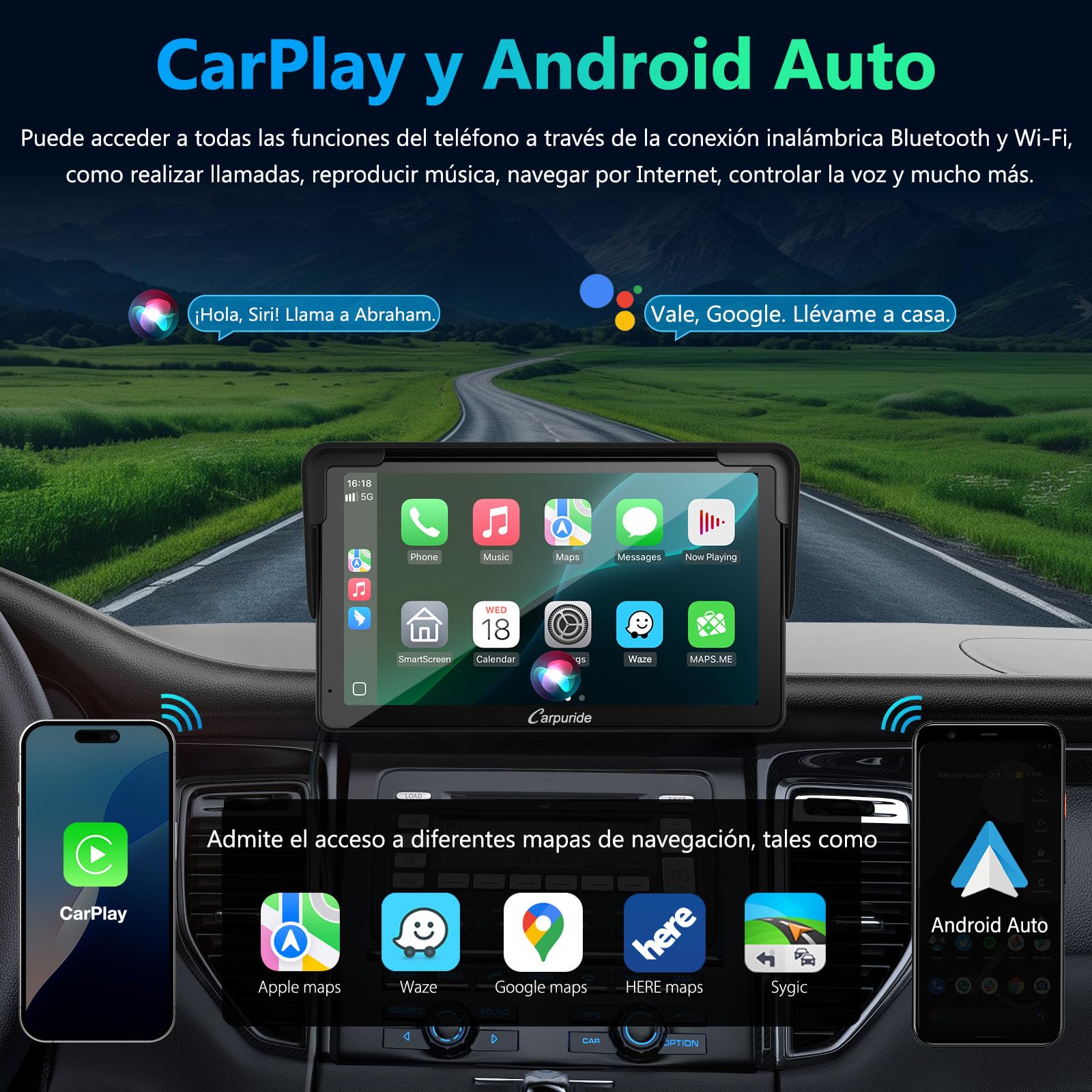 Carpuride Estéreo para Coche, Carplay inalámbrico portátil y Android Auto, Radio de Pantalla táctil HD 1080P de 7 Pulgadas con BT 5.0, Soporte de Enlace de Espejo para camión RV Dash Mount