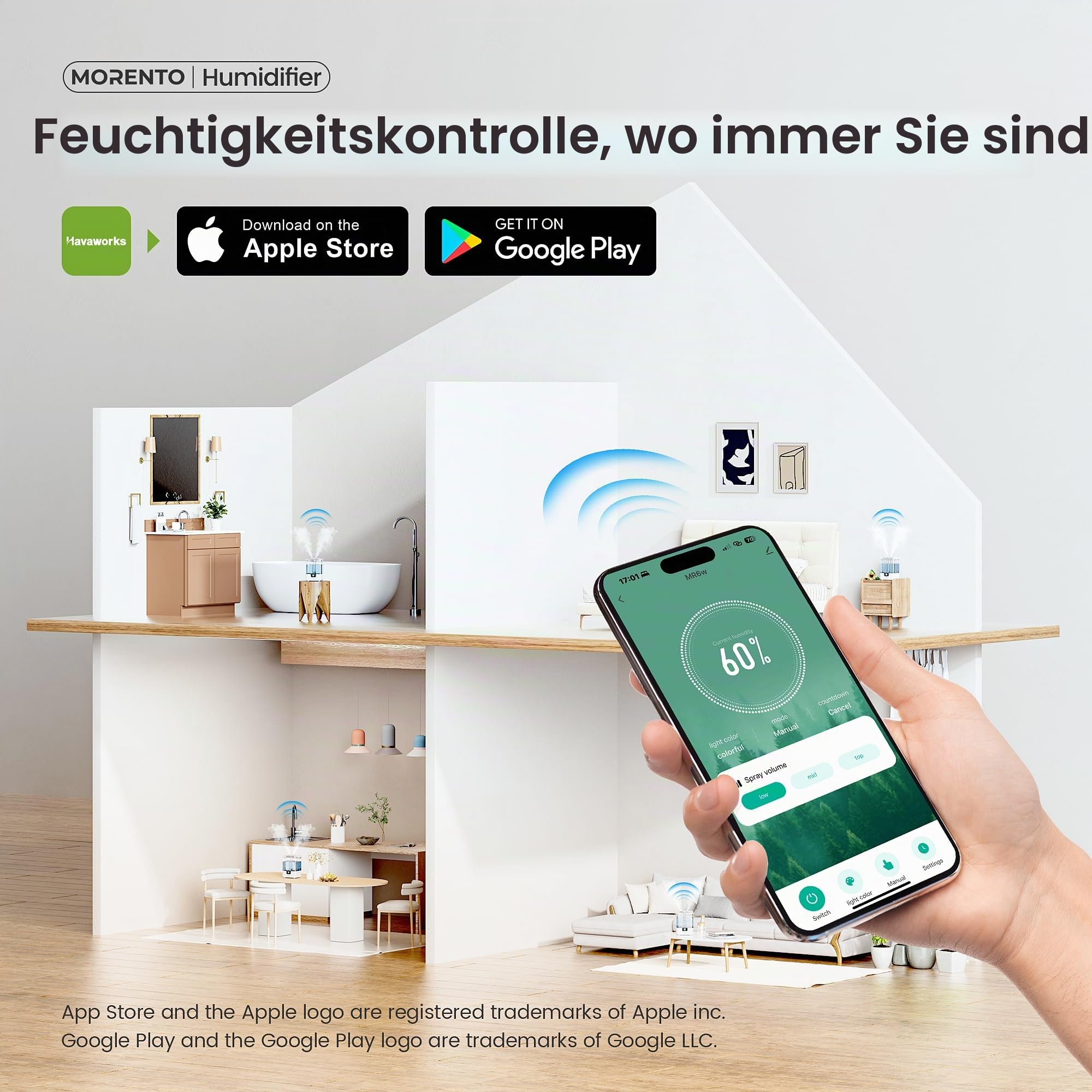 MERONTE Smart-Luftbefeuchter für Schlafzimmer, großes Zimmer, Zuhause, 6 l, Luftbefeuchter mit Diffusor für ätherische Öle, intelligente App und Sprachsteuerung, für Kinderzimmer und Pflanzen, Weiß, 1