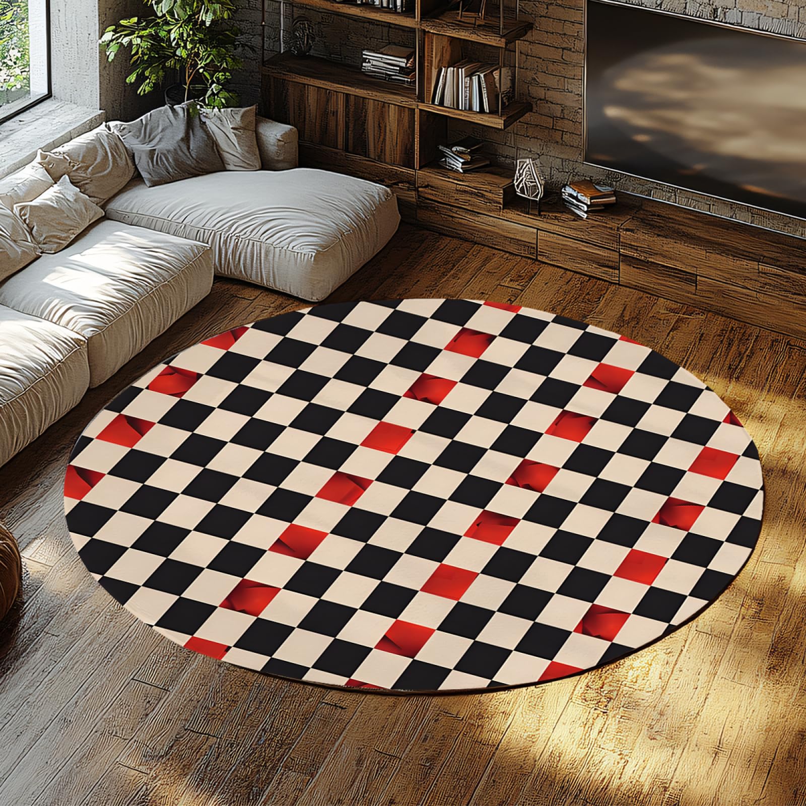 Tapis rond en damier rétro rouge de 60cm lavable et mince pour salon modernisé