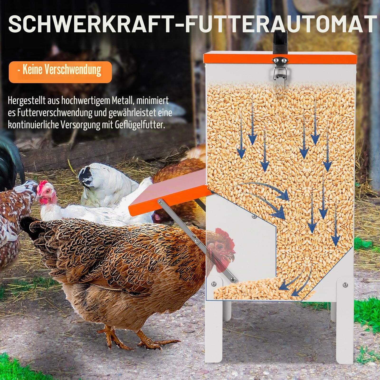 Futterautomat Hühner, Metall Hühner Futterspender Ohne Verschwendung GroßE HäNgende HüHnerfuttertröGe Mit Deckel FüR HüHner, Enten, GäNse, Tauben, Hunde, 25L Hühnerfütterung