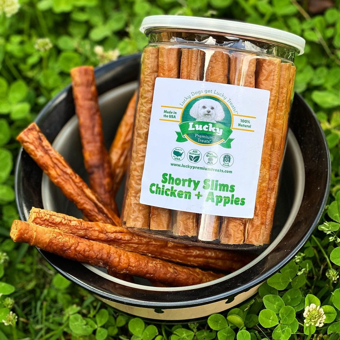 Lucky Premium Treats Lucky Shorty Slims - Apple and Chicken Jerky Dog Treats, Crunchy Dog Chew Sticks with Real Chicken and Apple for Small to Large Dogs (7 Count)