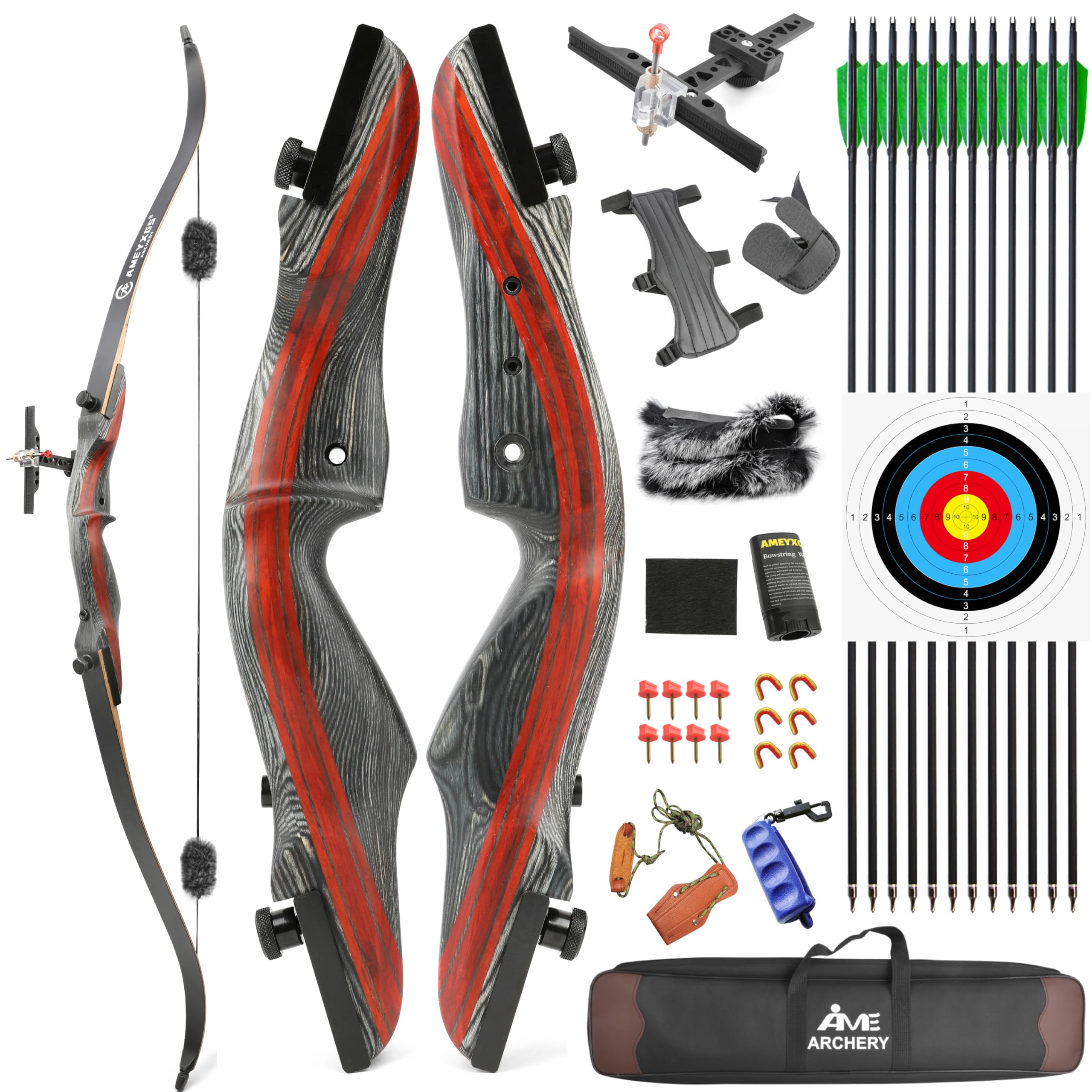 62" Takedown Recurve Bow Kit Traditional Wooden Bow Adults Youth 20-50Lbs for Right-Hand Hunting Practice Target Shooting