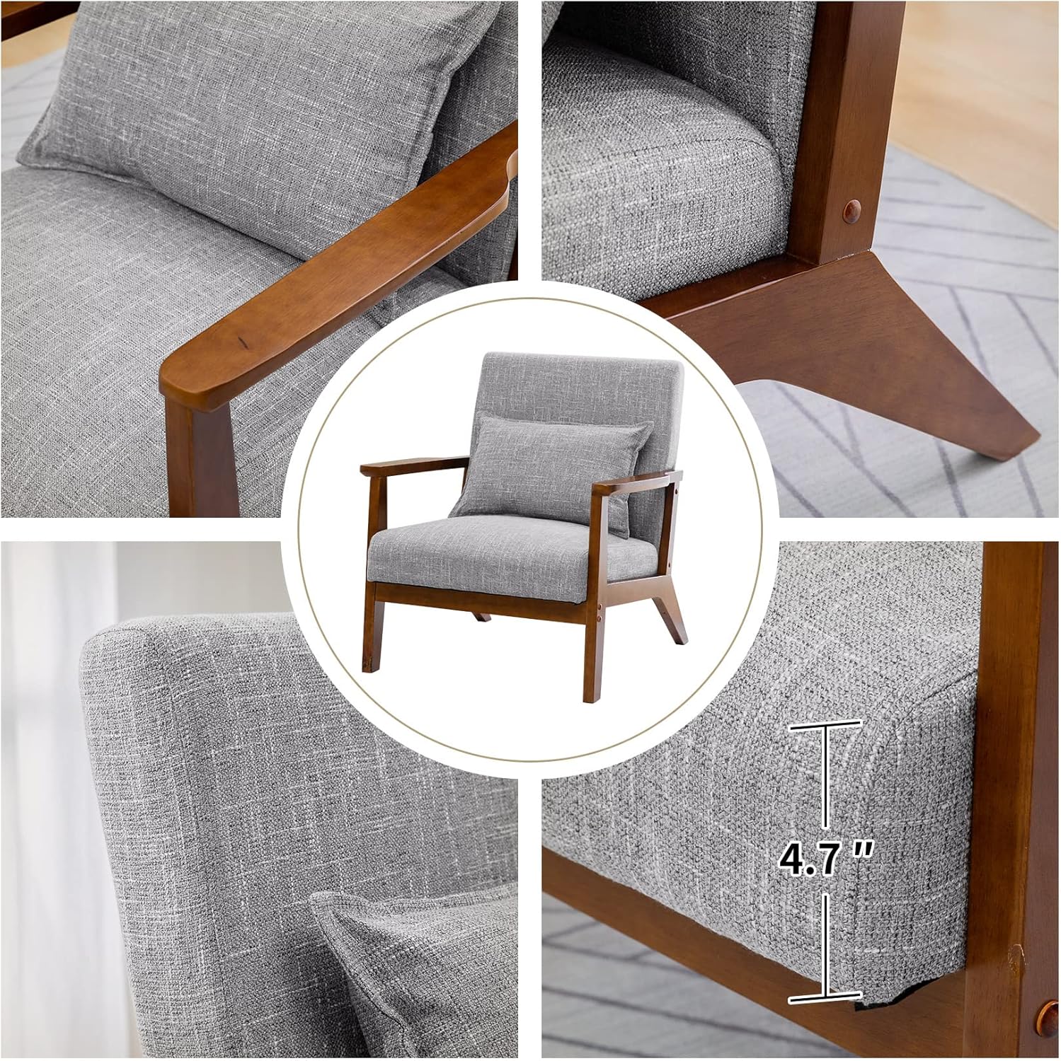 UNICOO - Mid-Century Modern Accent Chair, Fabric Reading Armchair, Easy Assembly, Lounge Chair for Living Room Bedroom (U202-1 Brown + Grey)
