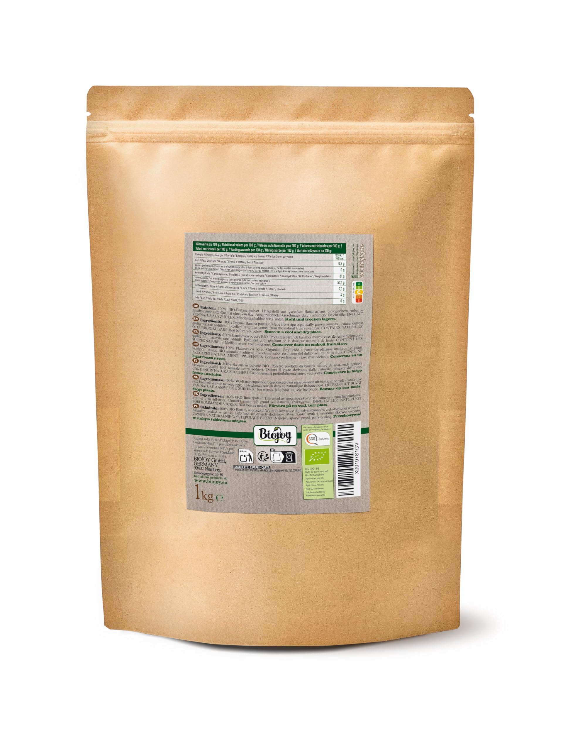 Biojoy Bananе en poudre BIO (1 kg), idéal pour le lait et le shake, sans additifs