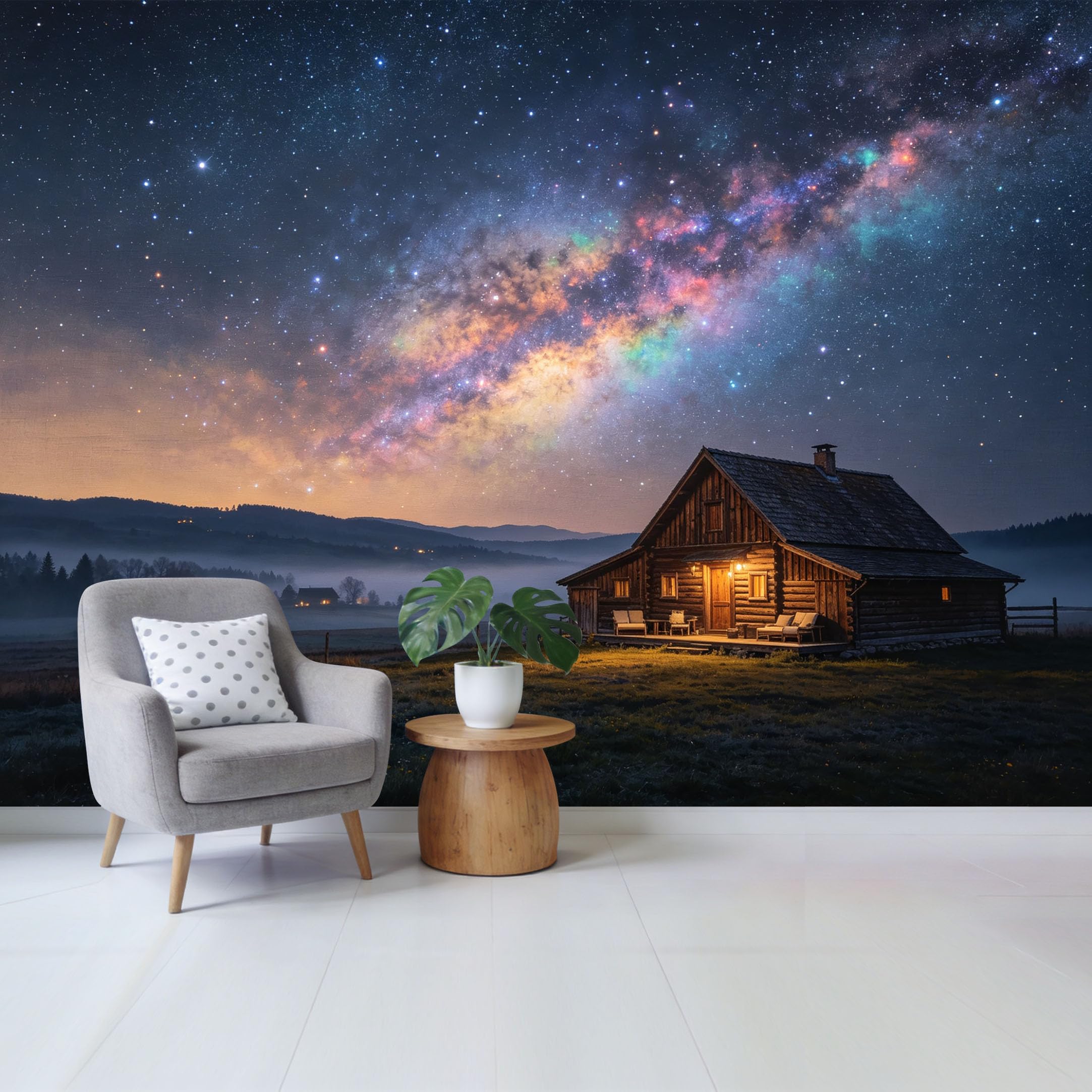 Qzlithotic Yq2605250906 Custom Size Wall Mural Milky Way Galaxy Starry Night Over Rustic Log Cabin Landscape Selfadhesive Wall Fabric Removable Wallpaper For Home Office Decor