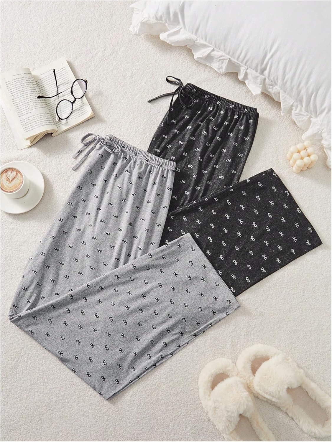 Women's Plus Size 2 Pack Pajama Pants Bow Print Elastic Waist Straight Leg Sleep Lounge Pants Bottoms Sleepwear - Image 2