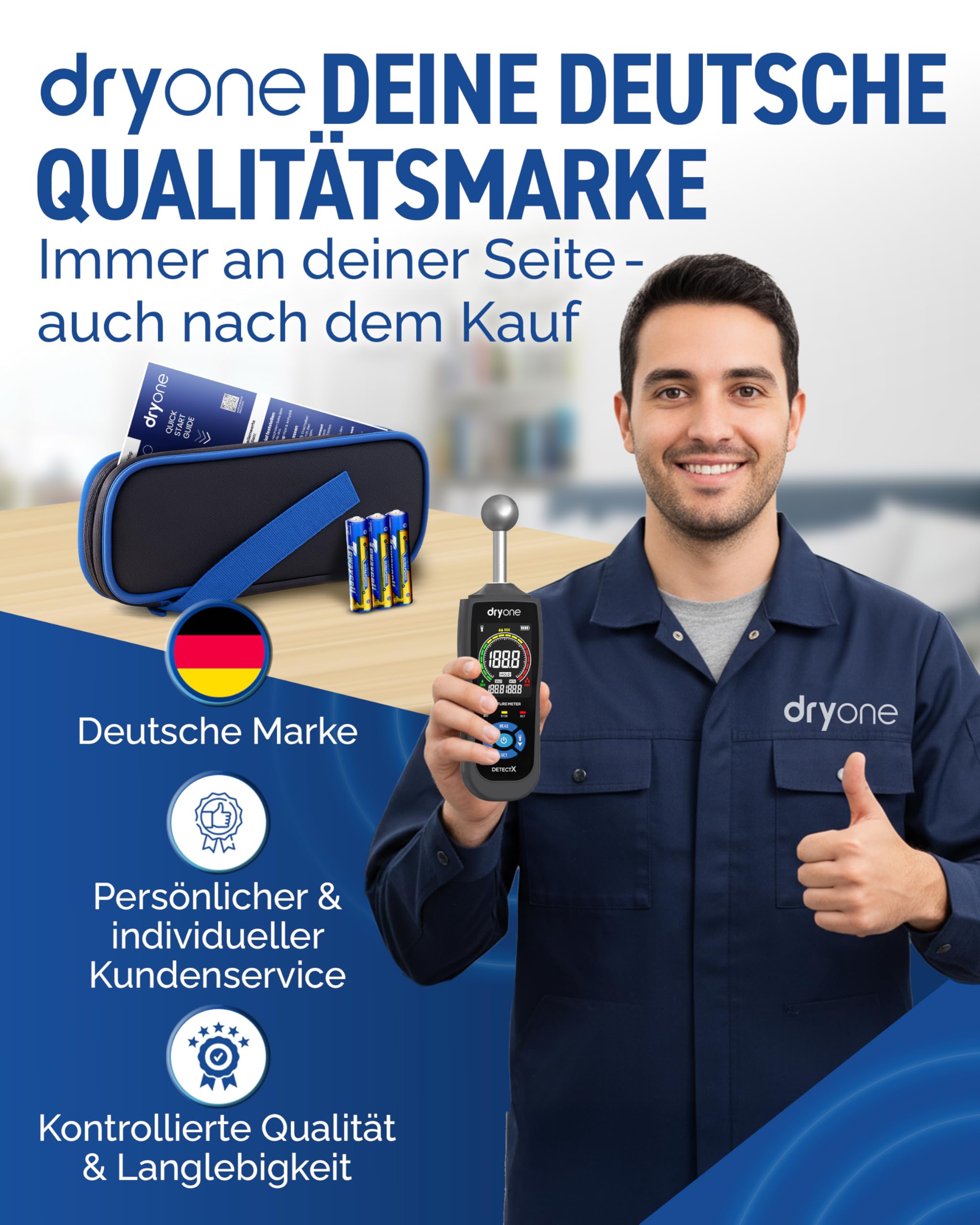 DryOne® DetectX Feuchtigkeitsmessgerät für Wand, Holz, Mauerwerk, Estrich & Beton - verlässliche Messung & einfache Bedienung - Feuchtigkeitsmesser & Wandfeuchtemessgerät gegen Schimmel & Schäden