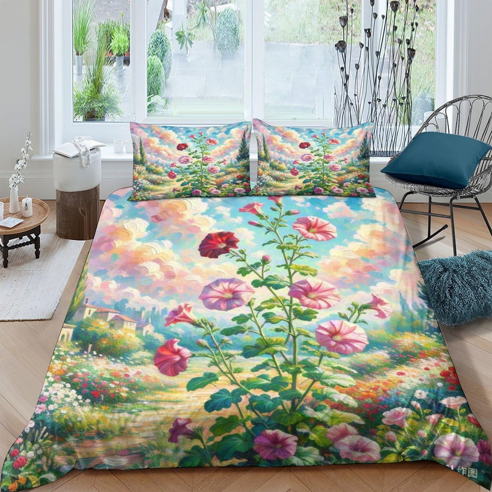 Housse de couette 200x200 fermeture éclair cachée anti-glissement lit double microfibre pétunie