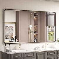 Vista 40 de OKPAL 16x24 Espejo de baño de bronce, espejo de marco de bronce rectangular redondeado, espejo de tocador de baño de bronce cepillado para montar
