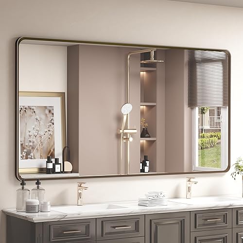 Miniatura 43 de OKPAL Espejo de Baño con Marco de Metal Negro de 40 x 36 Pulgadas para Pared, Espejo de Tocador de Baño Negro Mate, Espejo Rectangular Redondeado