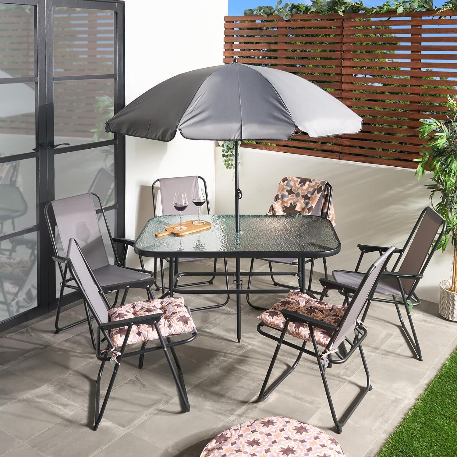 OHS 8 Piece Garden Furniture, Patio Set with Parasol Outdoor 6 Folding Dining Chairs Round Tempered Glass Table Outdoor Furniture Garden Bistro Set Ideal for Dining in the Sun, Grey