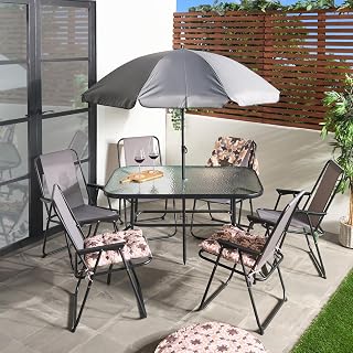 OHS 8 Piece Garden Furniture, Patio Set with Parasol Outdoor 6 Folding Dining Chairs Round Tempered Glass Table Outdoor Furniture Garden Bistro Set Ideal for Dining in the Sun, Grey
