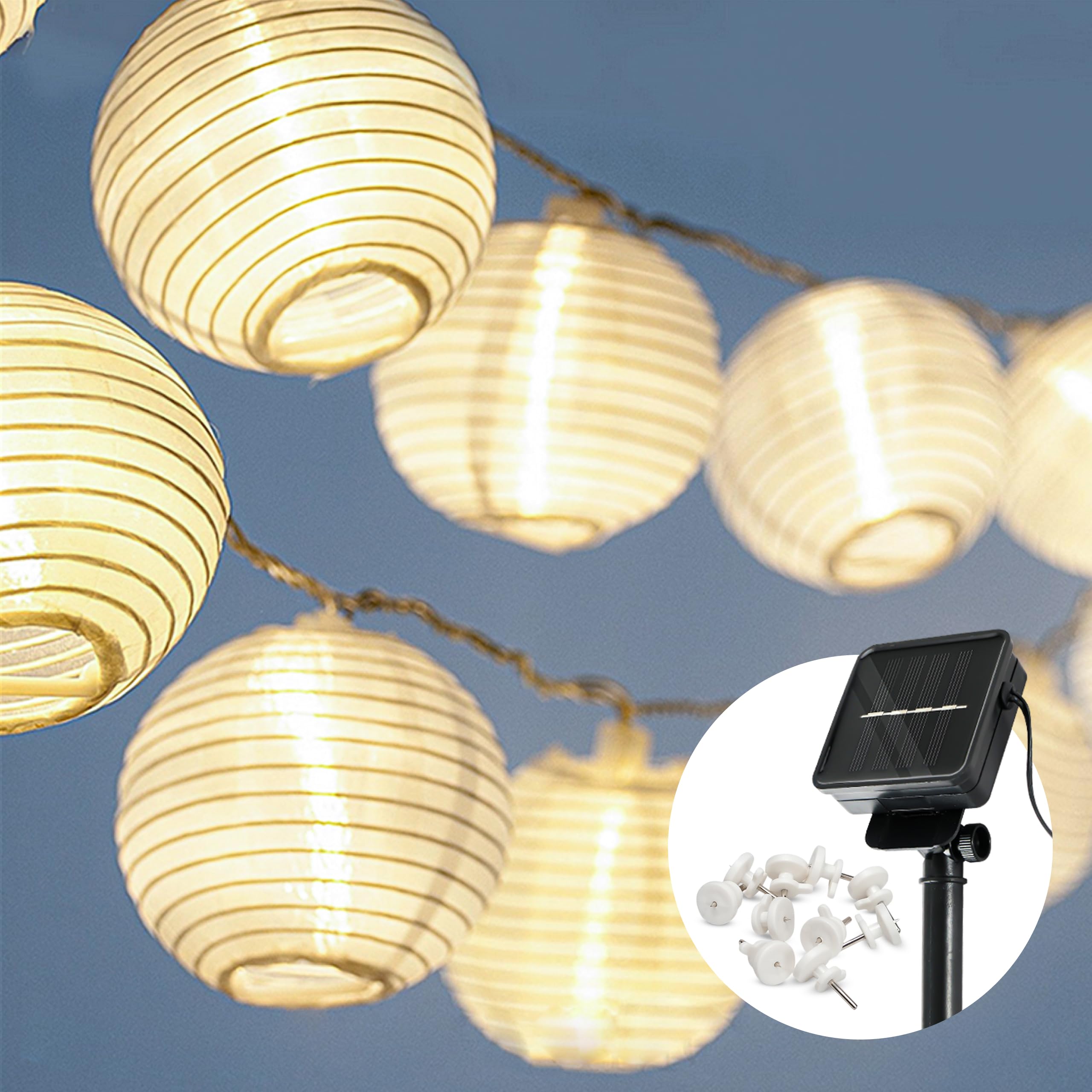 CozyHome Lampions Solar Lichterkette außen wetterfest - 20 Lampion LEDs & 7 Meter mit 8 Modi & Timer | Warm-weiß Outdoor-Lichterkette Solarlampen für außen Solarlichterkette Balkon Camping Beleuchtung