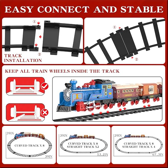 Electric Toy Train Set for Kids w/Smoke, Lights & Sound, Train Toys w/Locomotive, 12 Tracks Accessories, 3 Passenger Carriages, Toddler Model Trains for Kids 3+, Christmas Toys Gifts for Boys Girls