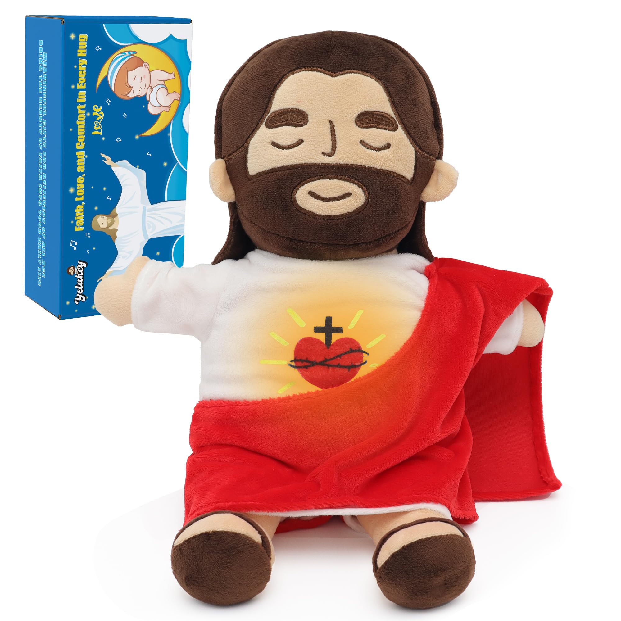 Yelakey Jesus Plush Breathing with Glow&Songs, Soothing Jesus Stuffed Doll Heart of Jesus Toy Savior Doll for Church Sunday School Religious Easter