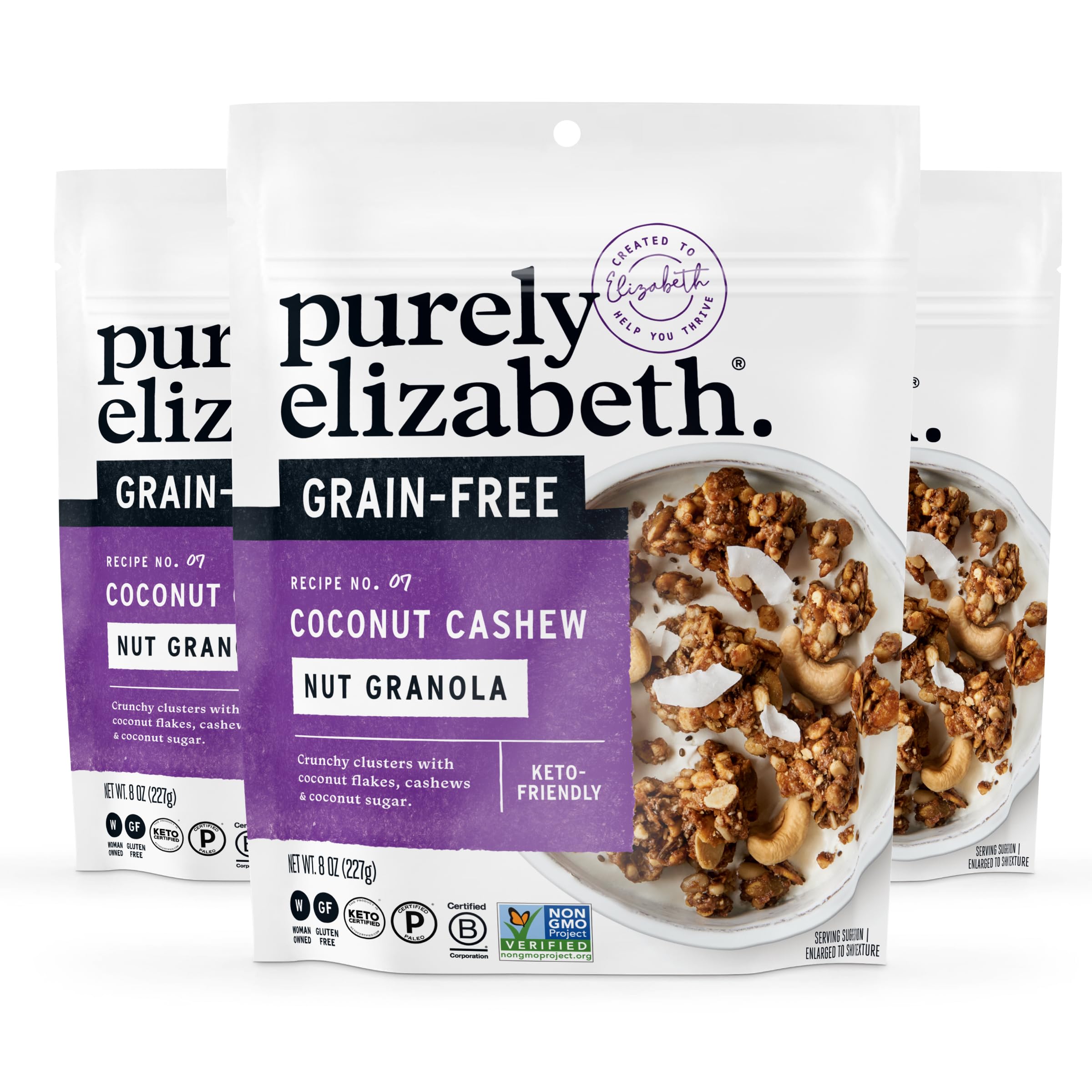 Purely Elizabeth Coconut Cashew Keto Granola, Made with Nuts and Seeds, Grain-Free, Gluten-Free, Non-GMO (3 Ct, 8oz Bags)