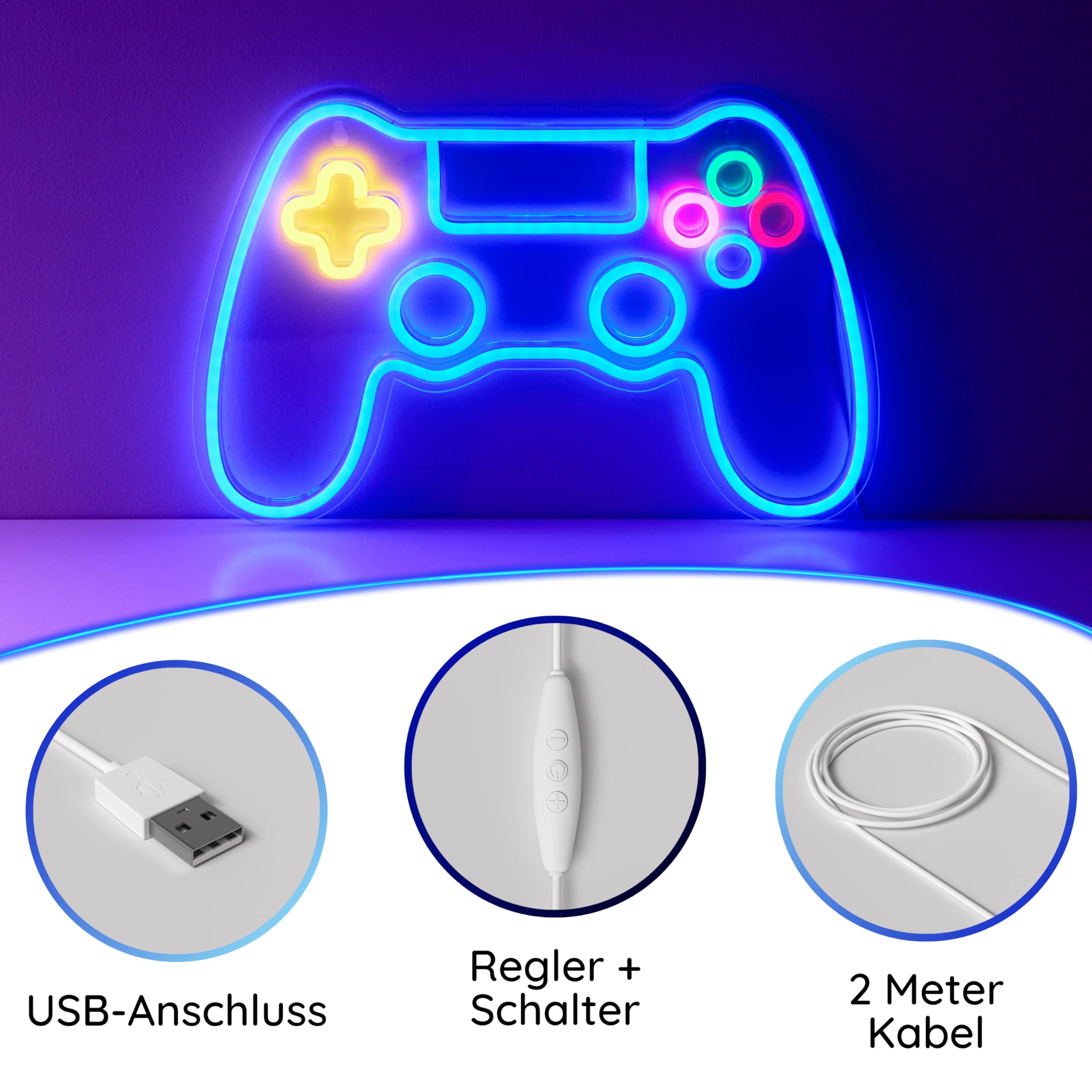 NELUX Neon LED Gaming Room Deko Schild Controller, Neon Gamer Sign Wand Zimmer Lampe, Gaming Beleuchtung Setup Licht Light, Neonschild Wall Schilder Wanddeko. USB-Verbindung mit Dimmer.