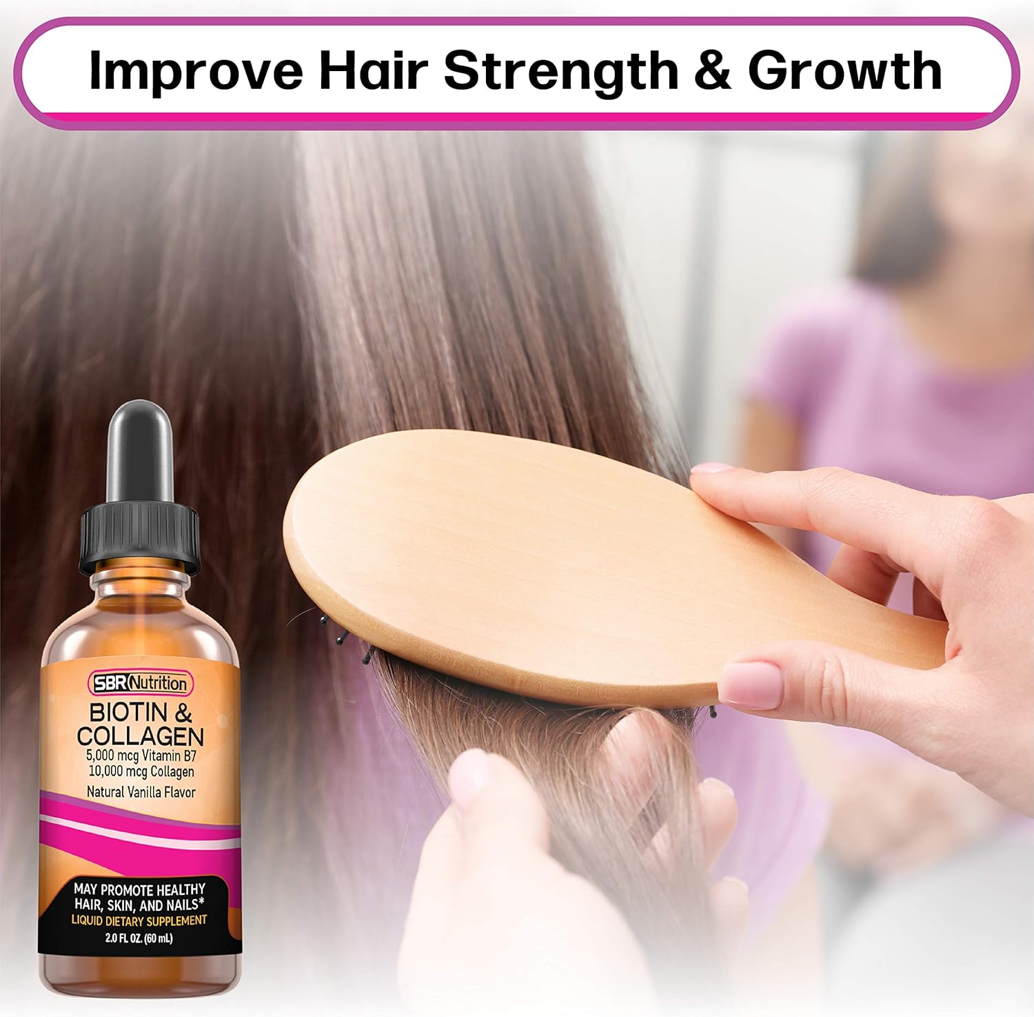 SBR Nutrition Biotin and Collagen Liquid Daily Dietary Supplement, Vitamins for Hair Growth and Thickening, Skin Health and Nail Strength, 2 oz (60mL) - Image 7