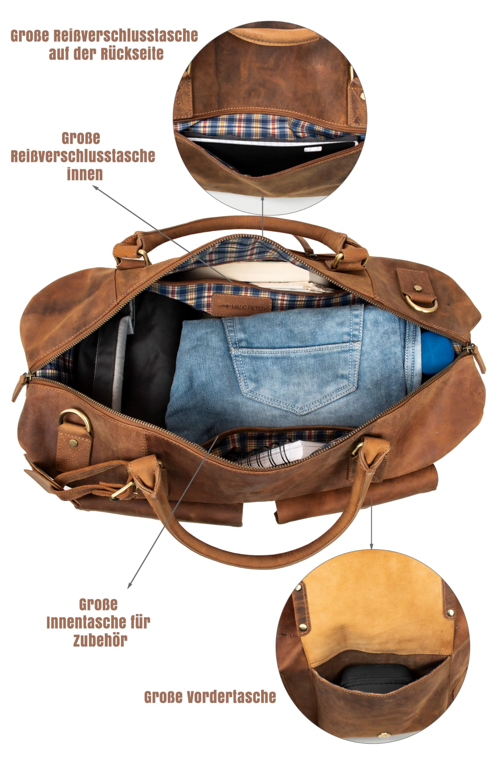 Marc Peter® Keneddy Reisetasche | Herren Vintage Bräune Leder Weekender zum Umhängen Overnight Duffle Bag | Echtes Buffleder Großes XL Reisegepäck Tasche fur Herren und Damen