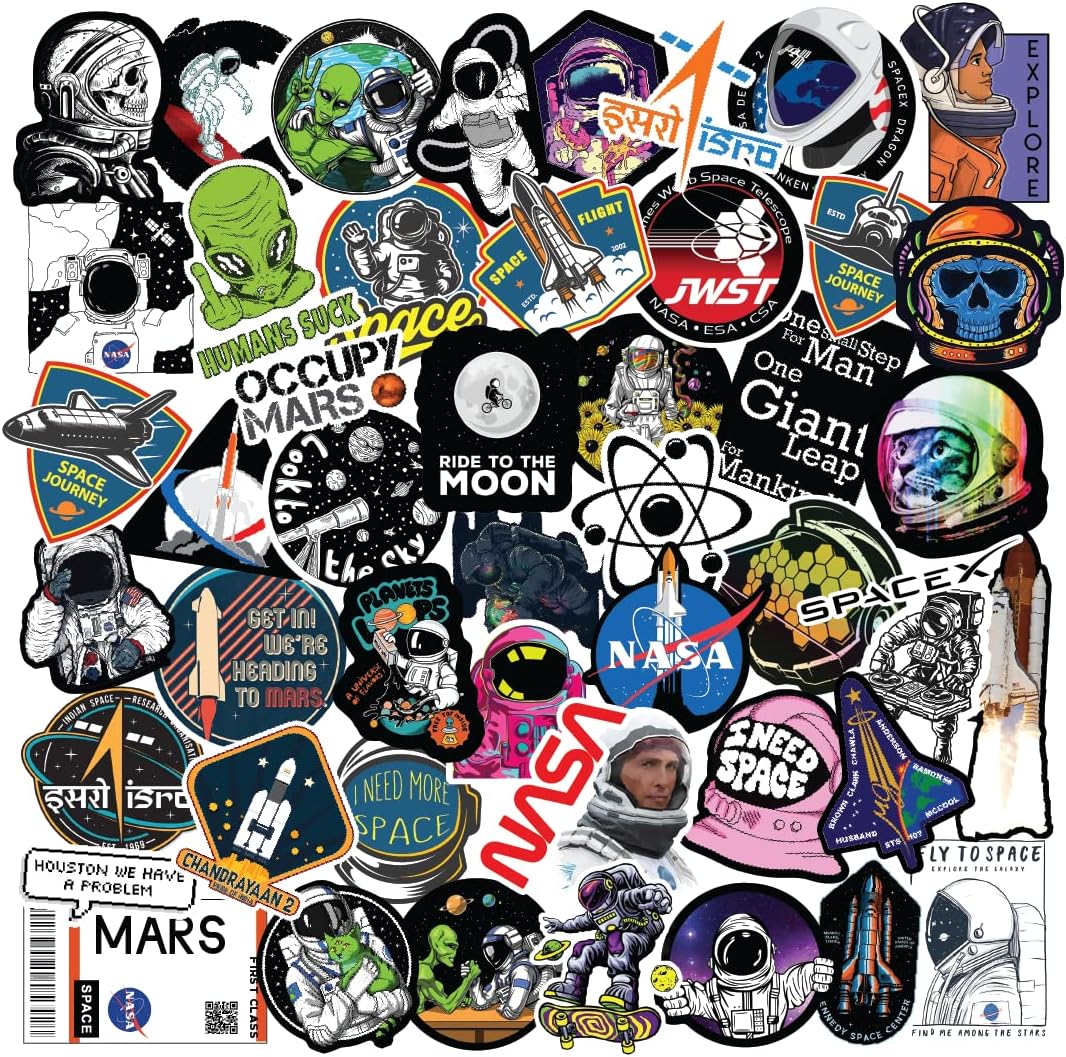 CodersParadise 53-Piece Space Stickers Pack | Aesthetic Vinyl, Waterproof & Self-Adhesive NASA, Spaceship, Astronaut & Moon Stickers for Laptop (7.6 cm)