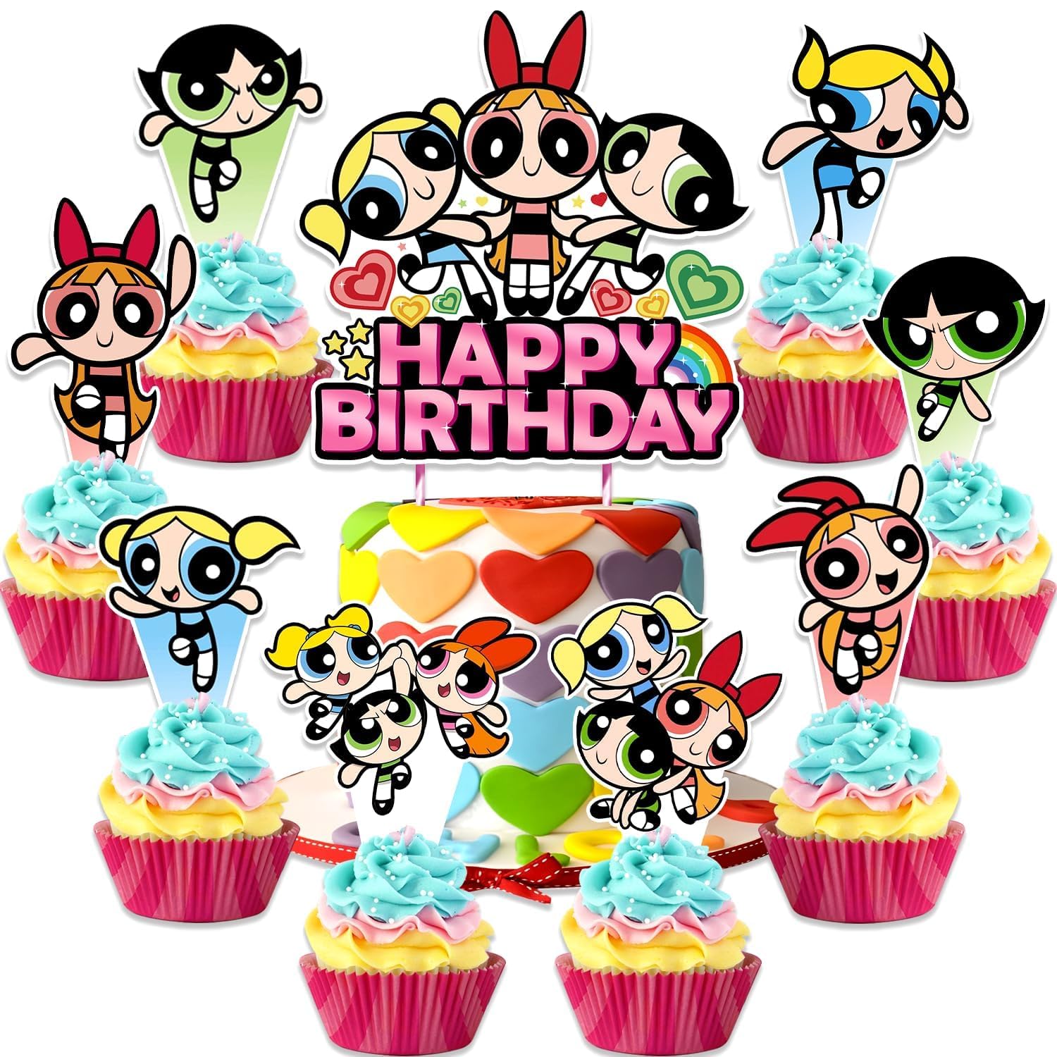 Pack of 25 Power Girls Cupcake Toppers, Power Girls Birthday Party Decorations, with 1pcs Happy Birthday Cake Topper, 24pcs Cupcake Toppers for Girls Party Decorations
