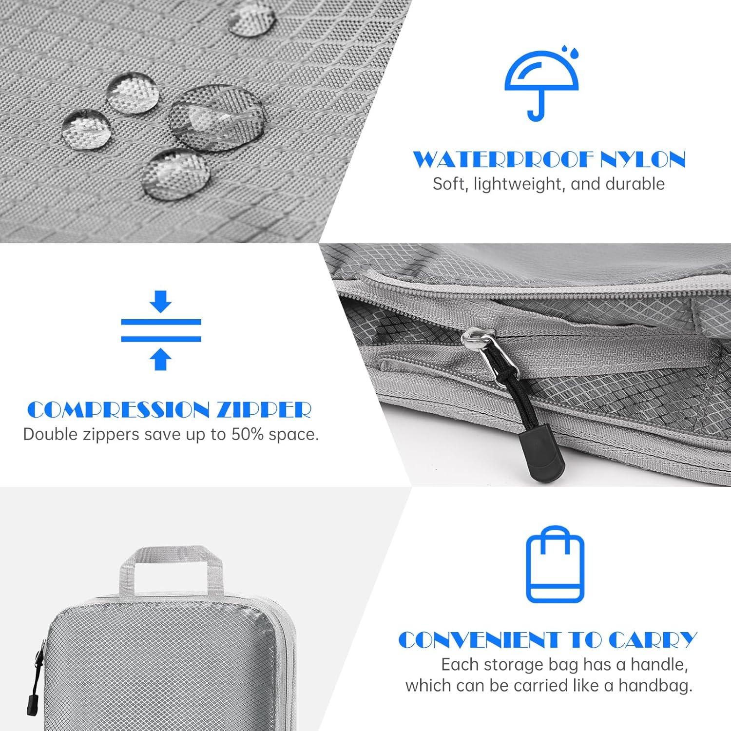 NiHome Compression Packing Cube 6PCS Set Expandable Travel Bag Luggage Organizers Electronic Cable Cord Charger Organizer Drawstring Bag for Trip Home Storage Travel Gear Accessories (Blue/Black/Grey)
