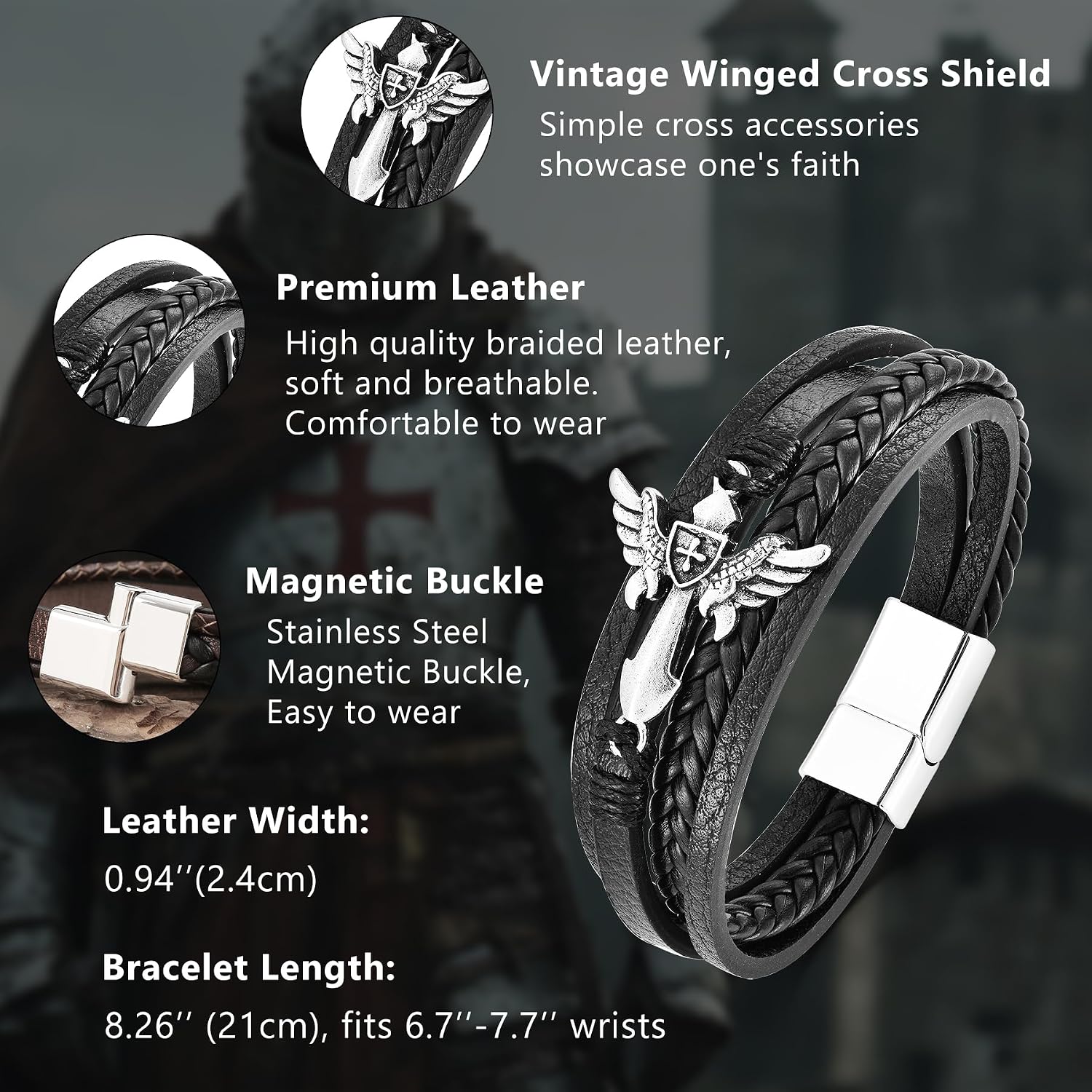Men's Cross Bracelet Vintage Winged Cross with Shield Christian Religious Faith Wristband Multi-Layer Braided Stainless Steel Leather Cuff Bangle with Clasp