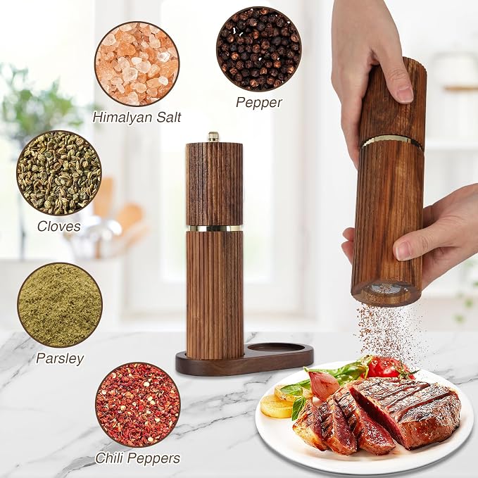 Set de salero y pimentero de madera con molinillo ajustable miniatura 4