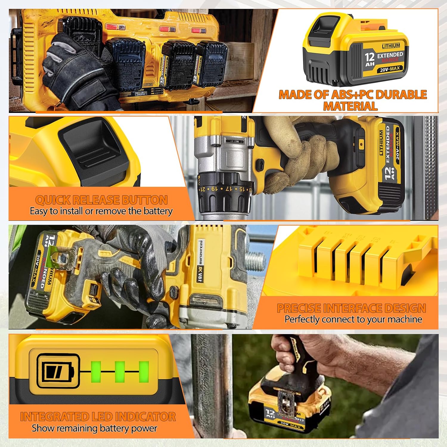 4PCS 12000mAh Replacement for DeWalt 20V Max Battery – Compatible with DCB200, DCB201, DCB204, DCB205, DCB206, DCB207 – High-Capacity Lithium-Ion Battery for DeWalt 20V Cordless Power Tools & Chargers - Image 4