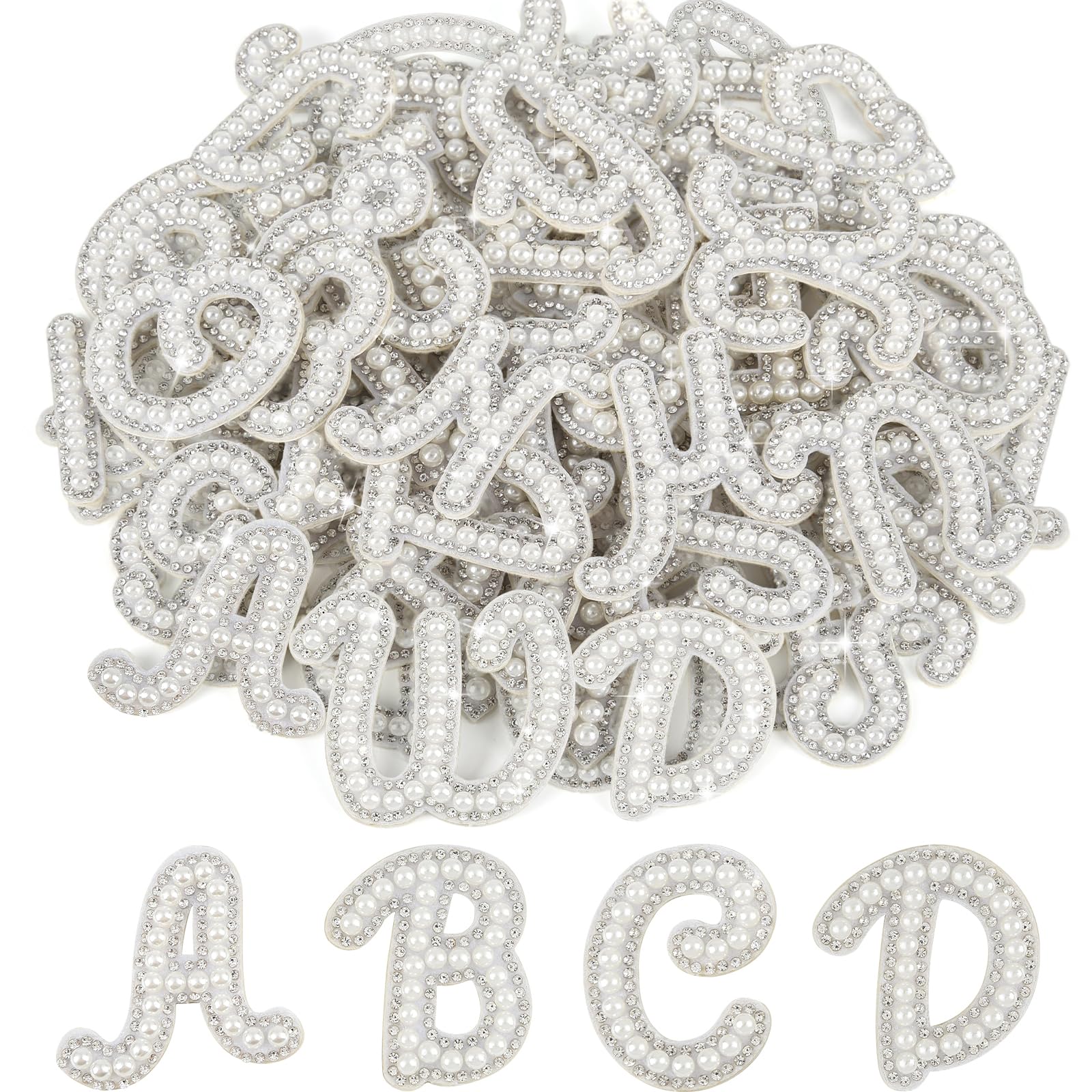 ASTARON 52pcs Self Adhesive Letter Patches Pearl Rhinestone Letter Stickers, Glitter Rhinestones Letters A-Z Embroidered Applique Patches Alphabet Cloth Patch for Clothes, Bags, Hat, Phone Case, DIY