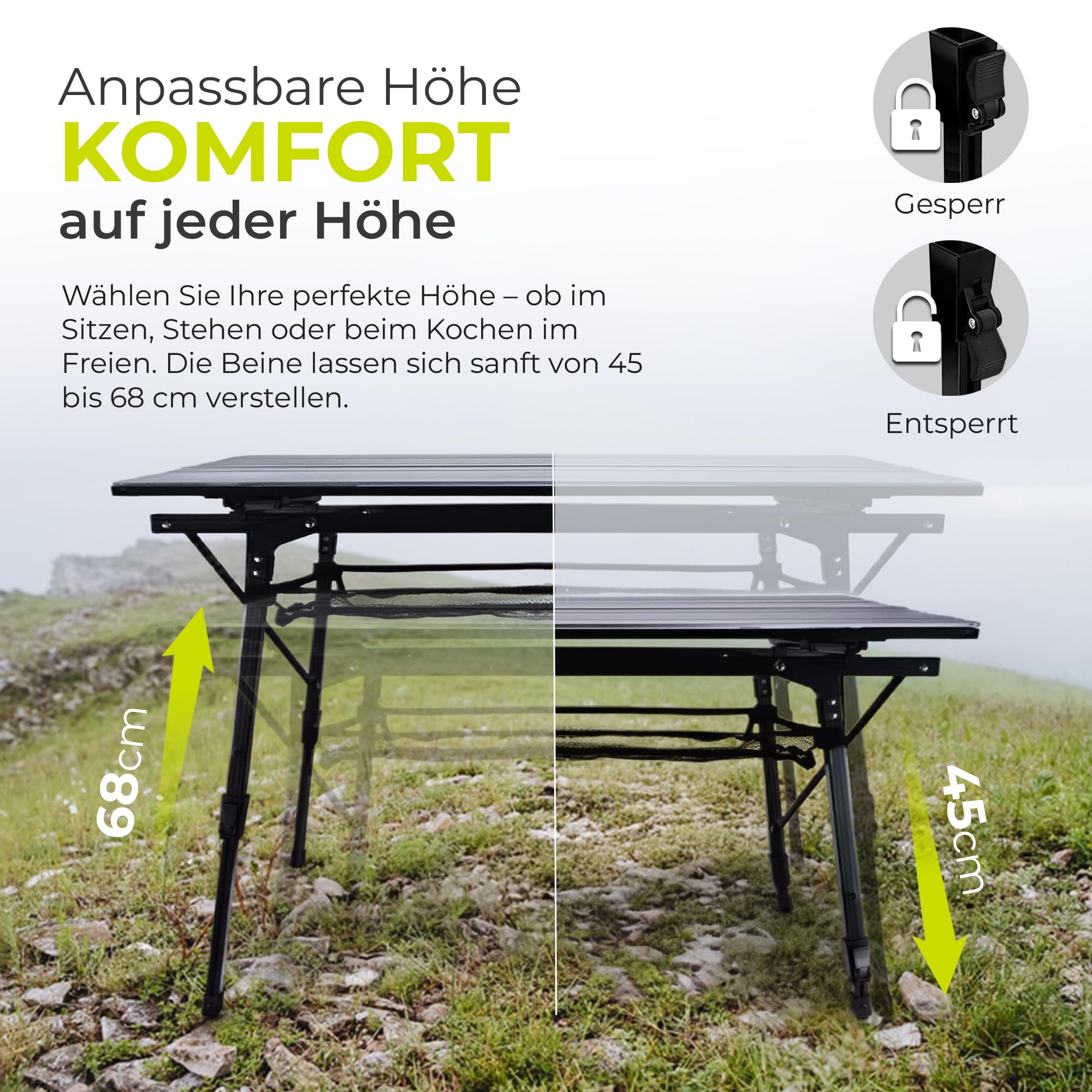 Camping-Tisch Klapptisch Klappbarer Multifunktionstisch Mehrzwecktisch; Höhenverstellbarer Falttisch mit aufrollbarer Tischplatte (90x51cm) & Tragetasche; belastbar bis 30kg
