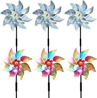 6 Pack Windmills for Yard,Reflective Pinwheels with Stakes,Pinwheels for Yard and Garden,Bird Deterrents for 0utside,Sparkly Windmills for Garden Decor Scare Birds Away (3 Silvery+3 Rainbow)