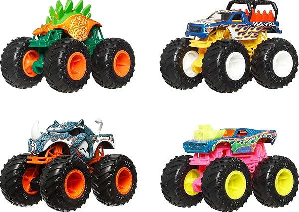 Hot Wheels Monster Trucks 4 Pack 1:64 Scale Vehicles, Giant Wheels, Favourite Characters, Great Decorations, JGD65