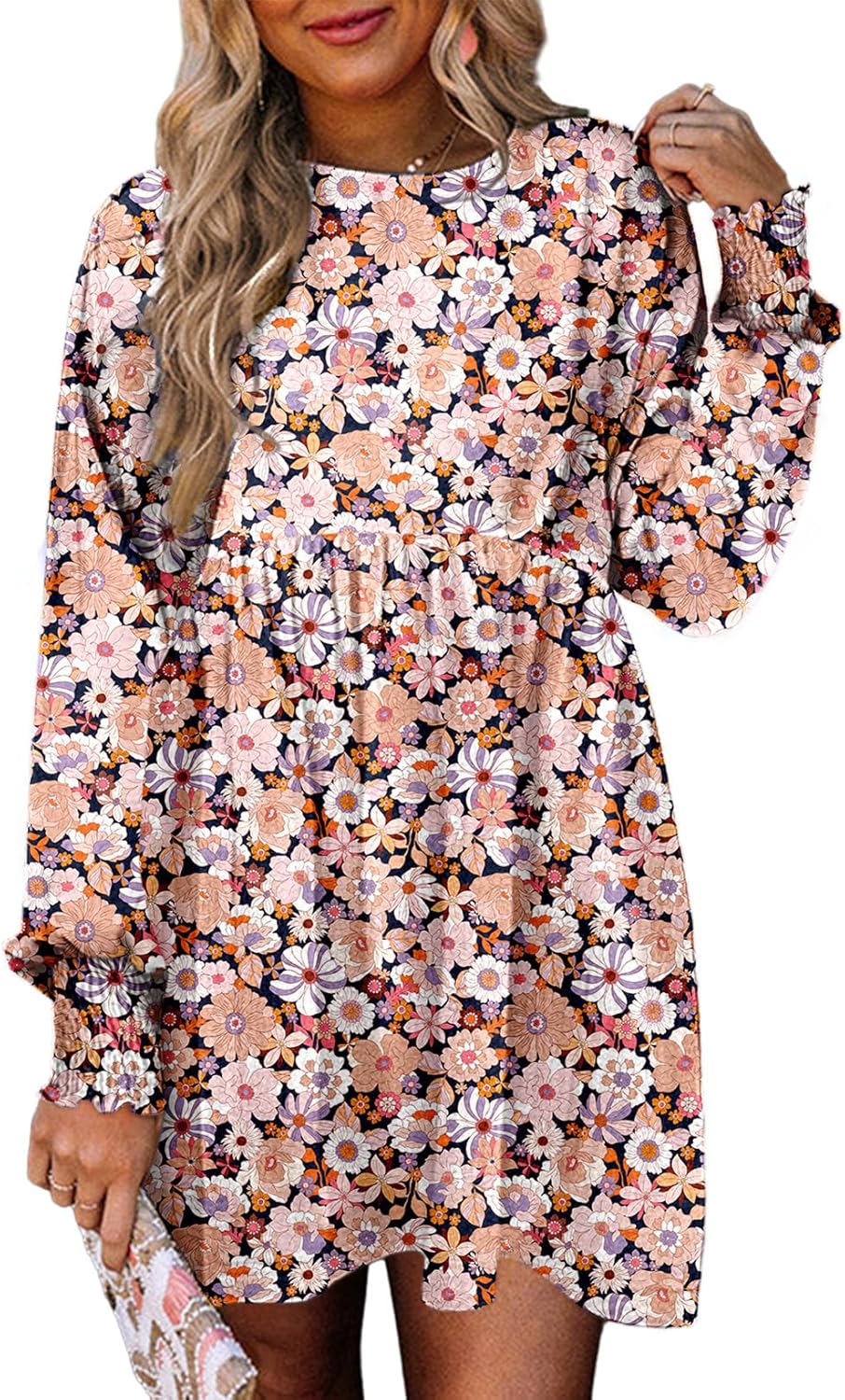 Dokotoo Casual Dresses for Women Flowy Boho Floral Long Sleeve Empire Waist Babydoll Mini Dress