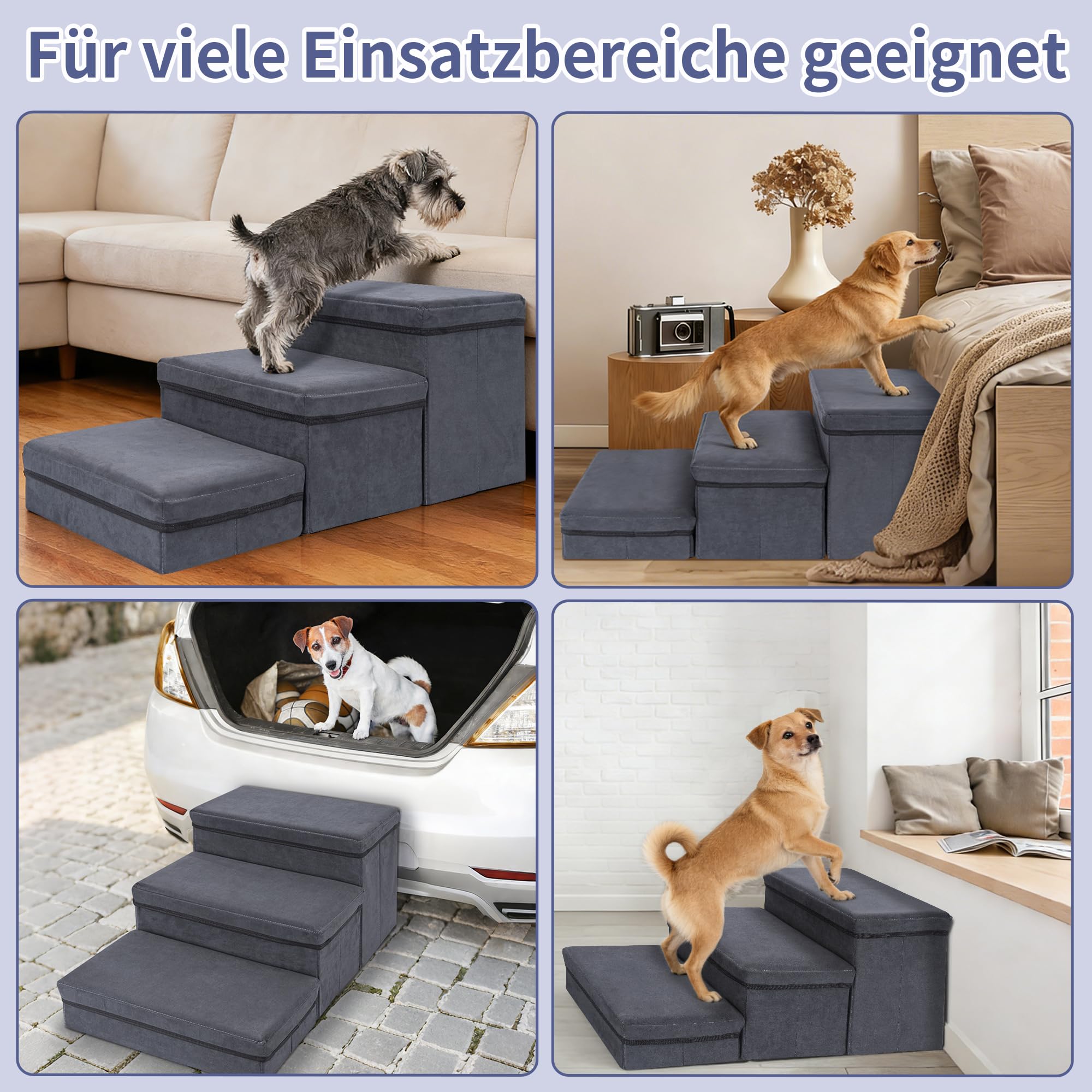 AKOZLIN Scala per cani,3 gradini,pieghevole,Con spazio stoccaggio | Extra larga rampa per animali domestici,Per cani e gatti piccoli a grandi,75×40×30cm,Due strati