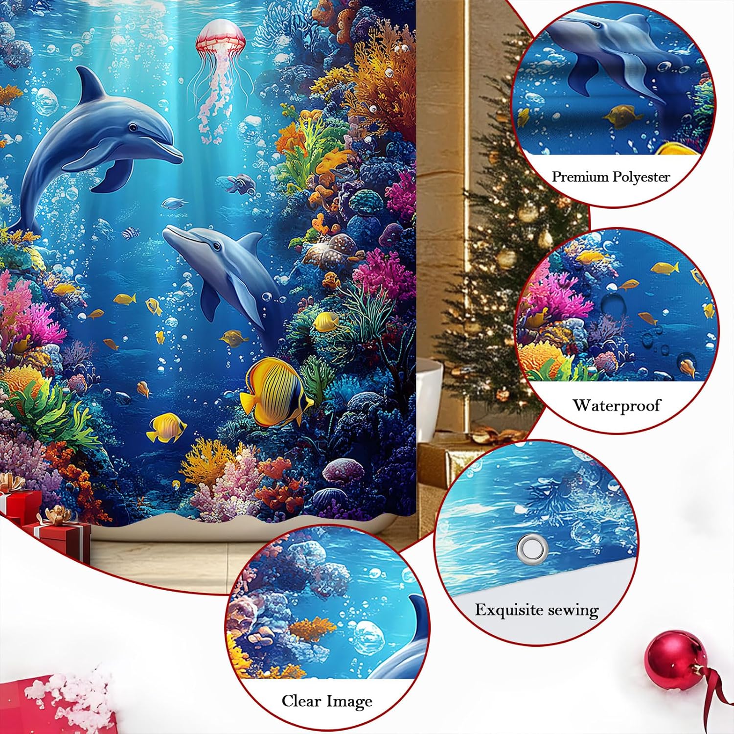 Dolphin Shower Curtain Blue Ocean Tropical Fish Coral Jellyfish Underwater Animal Nautical Adventure Bathroom Polyester Curtains Set with Hooks 75x70 Inch