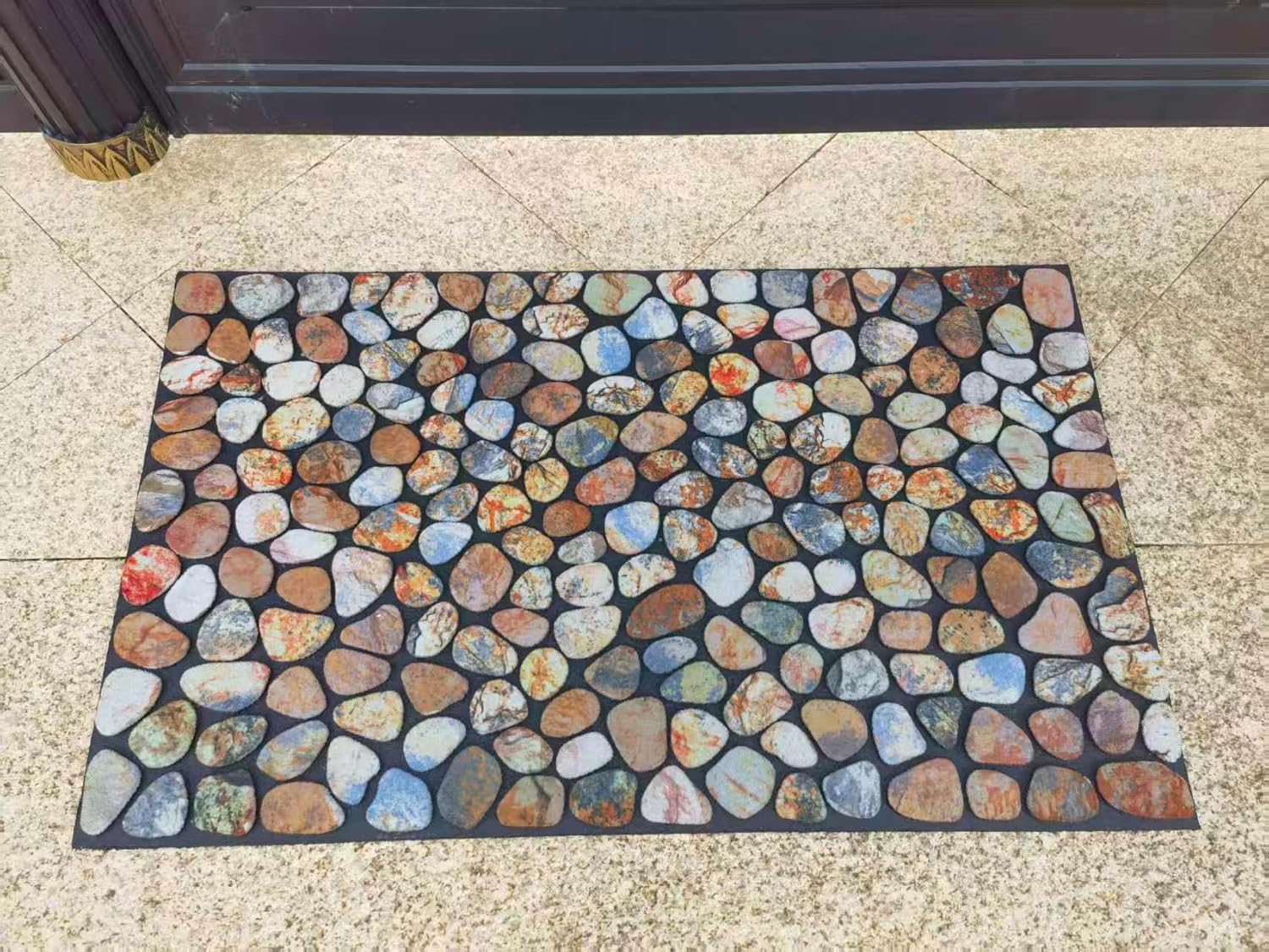 Cobblestone Flocked Doormat, Indoor Outdoor Entrance Mat with Non-Slip Backing, Decorative Pebble Design, Heavy Duty Welcome Mat，Size 44 * 72.5cm，Natural Rubber Backing