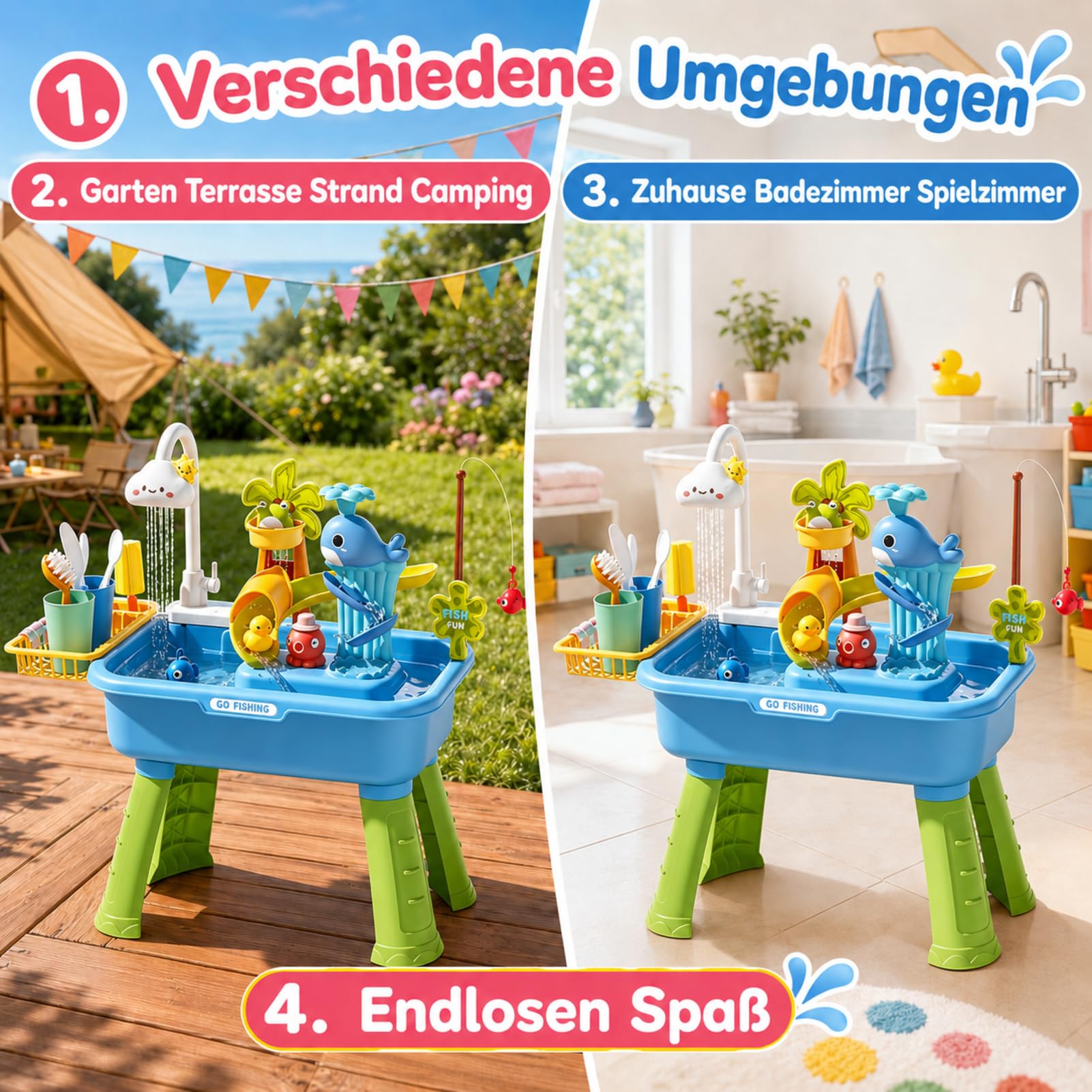 Wasserspieltisch - 4-in-1 Mit Elektrischer Pumpe Und Fließendem Wasser | 43-teiliges Zubehörset | Sensorisches Aktivitätsspielzeug Für Kinder 4-8 Jahre | Für Garten Terrasse Badezimmer Innen Außen