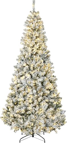 HOMCOM Árbol de Navidad artificial preiluminado de 7.5 pies de alto con 1188 ramas flocadas de nieve, 500 luces LED blancas cálidas, apertura